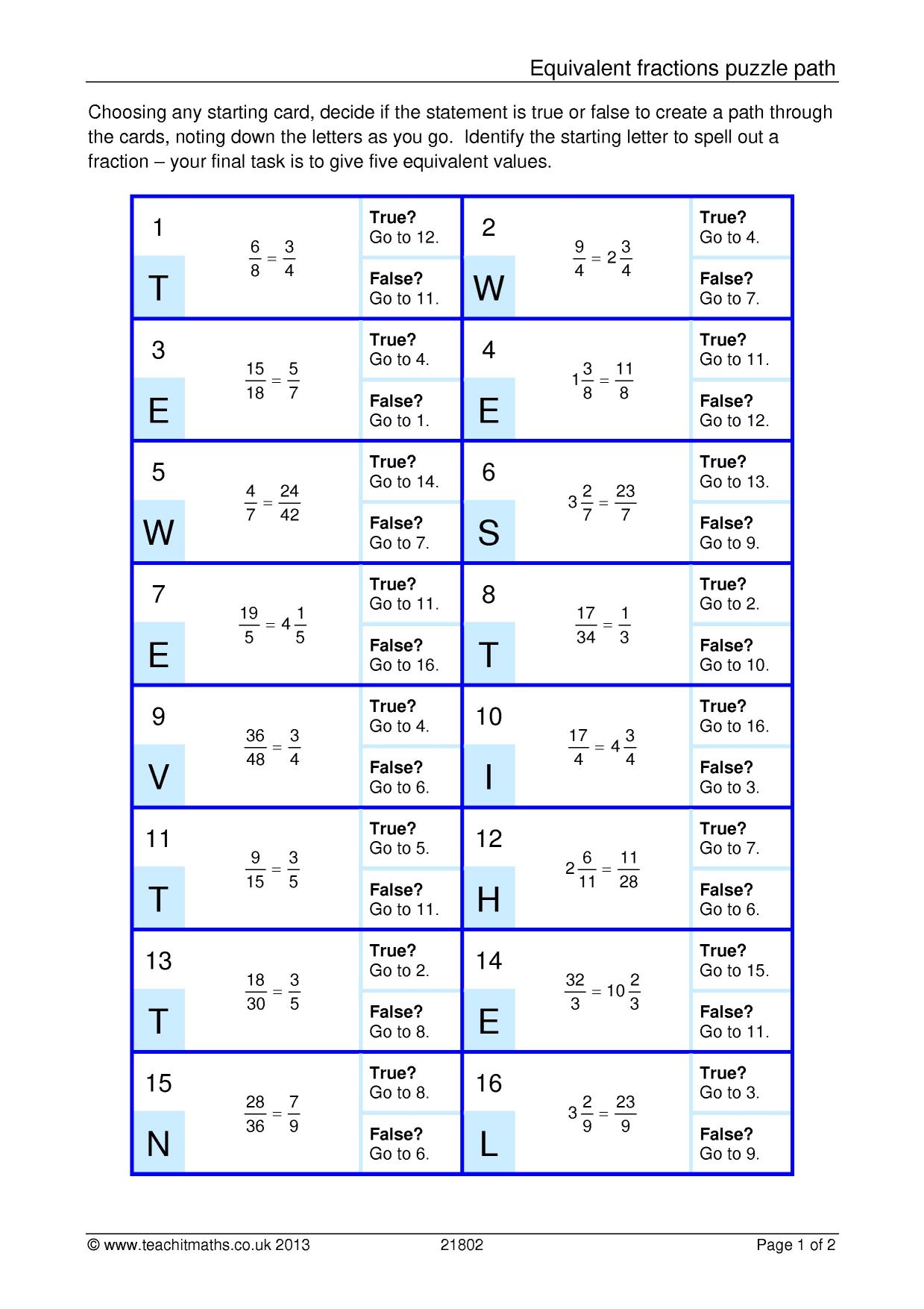 Equivalent fractions puzzle path KS3 maths Teachit