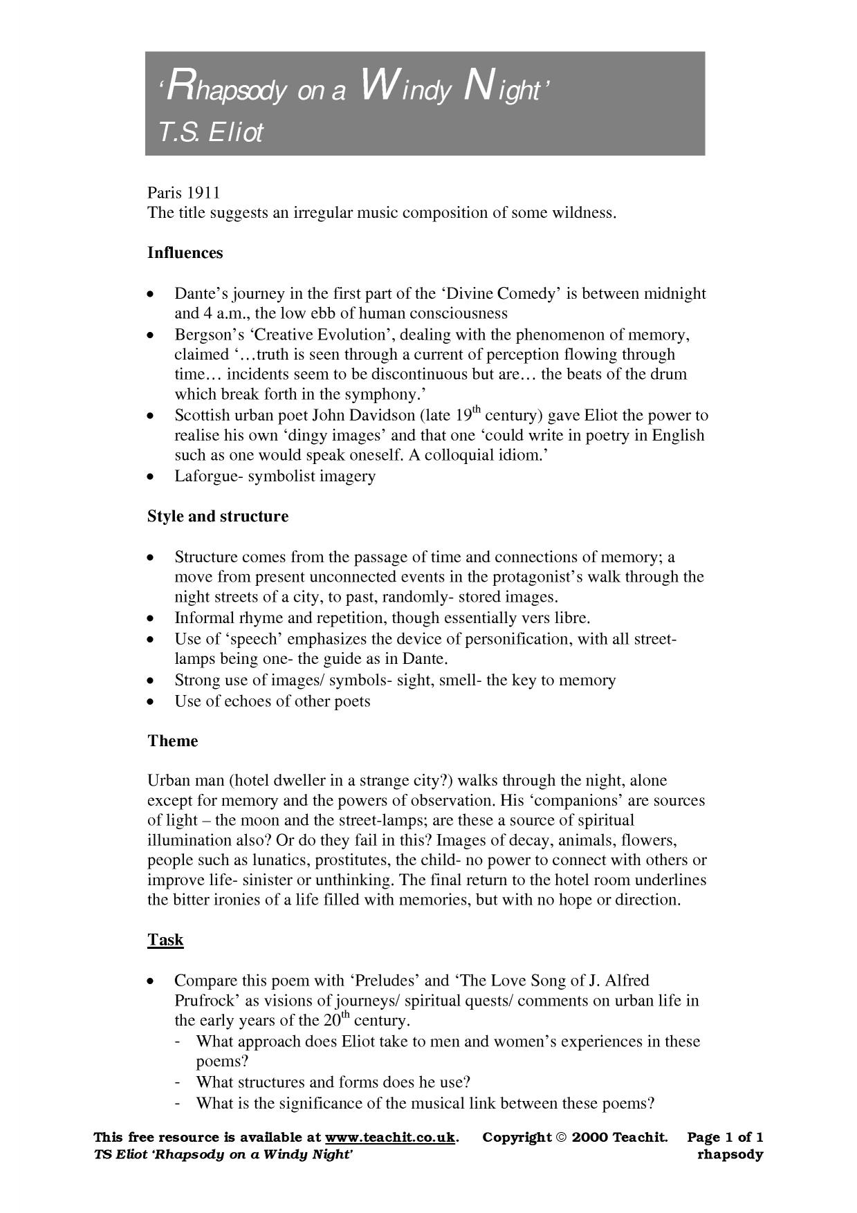 Study notes on 'Rhapsody on a Windy Night Comparative questions T.S