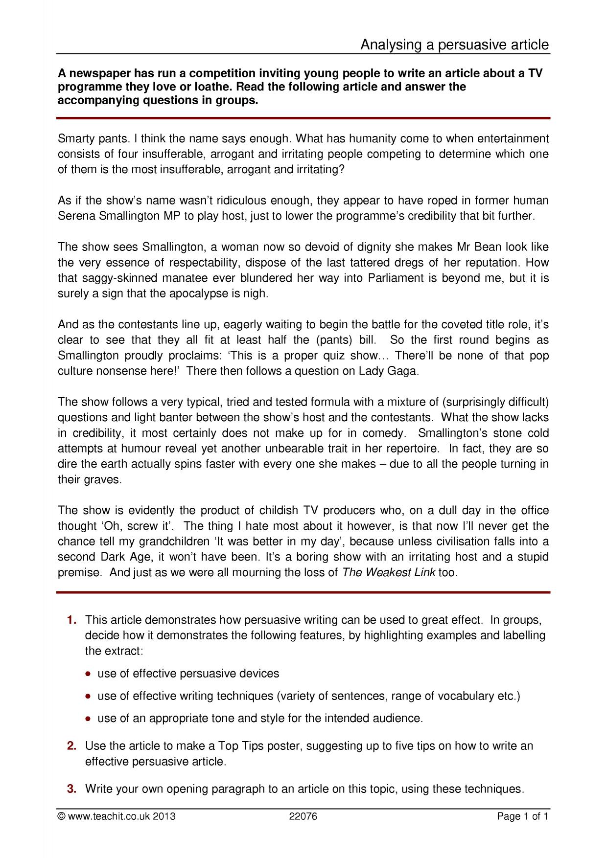 Analysing a persuasive article KS4 English Teachit
