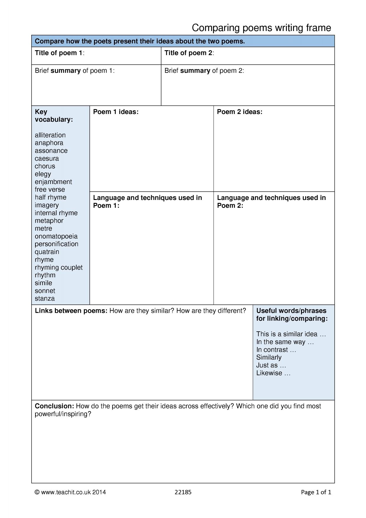 Comparing poems writing frame GCSE English Teachit