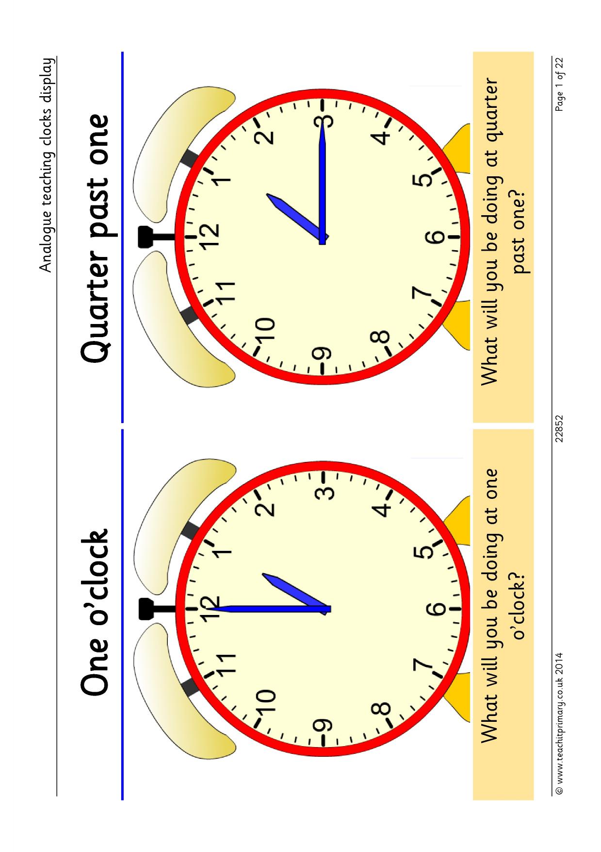 Analogue teaching clocks posters KS1 time Teachit