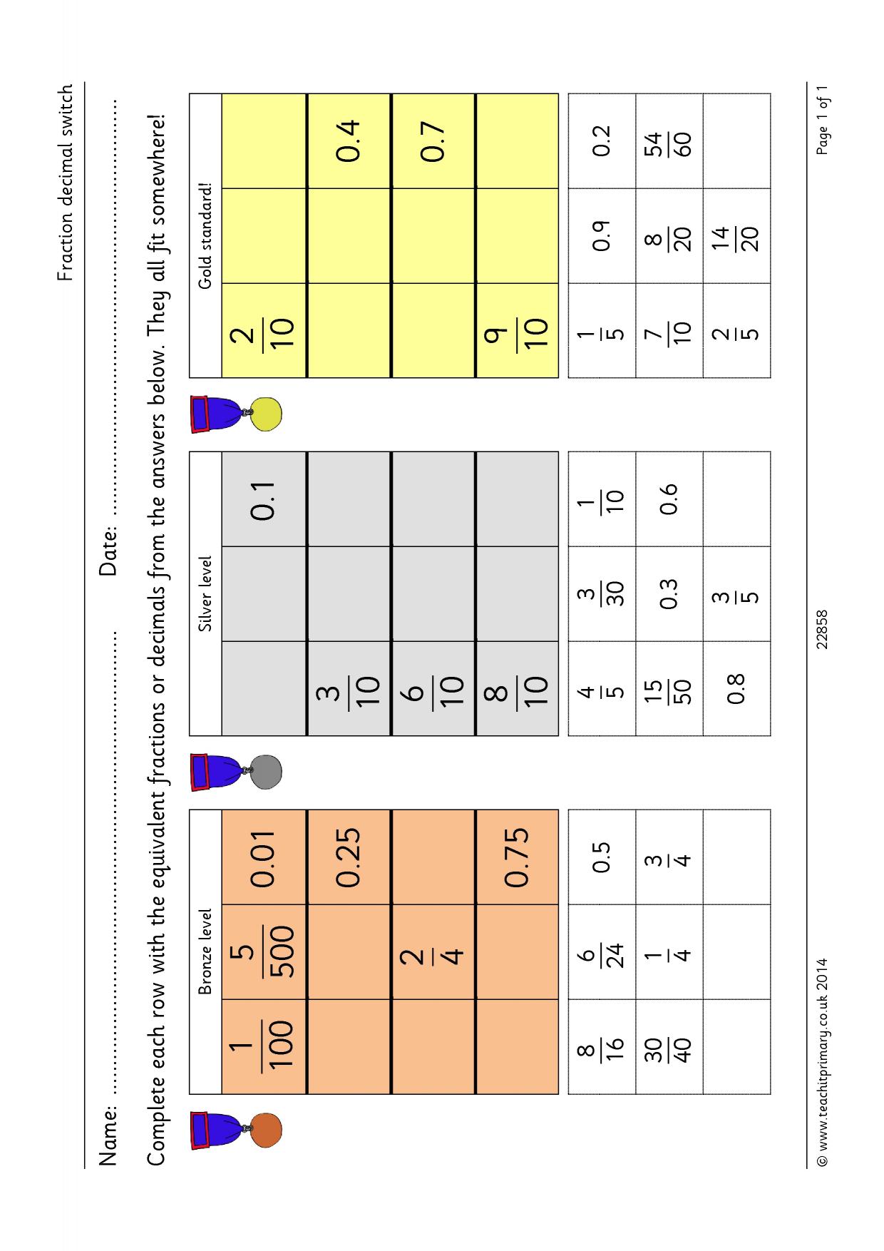 Fraction decimal switch KS2 Fractions, decimals and percentages Teachit