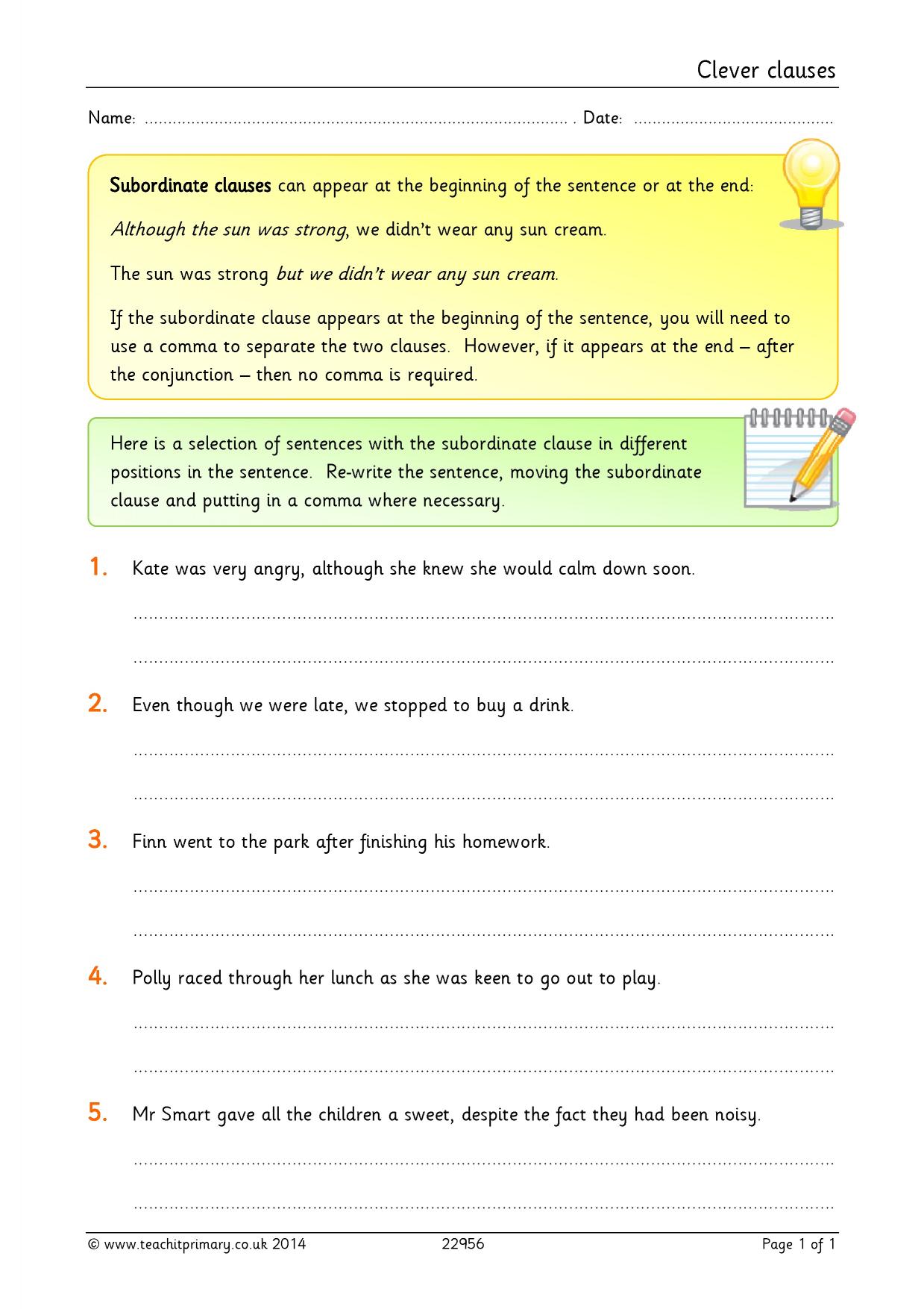 Moving subordinate clauses KS2 English Teachit