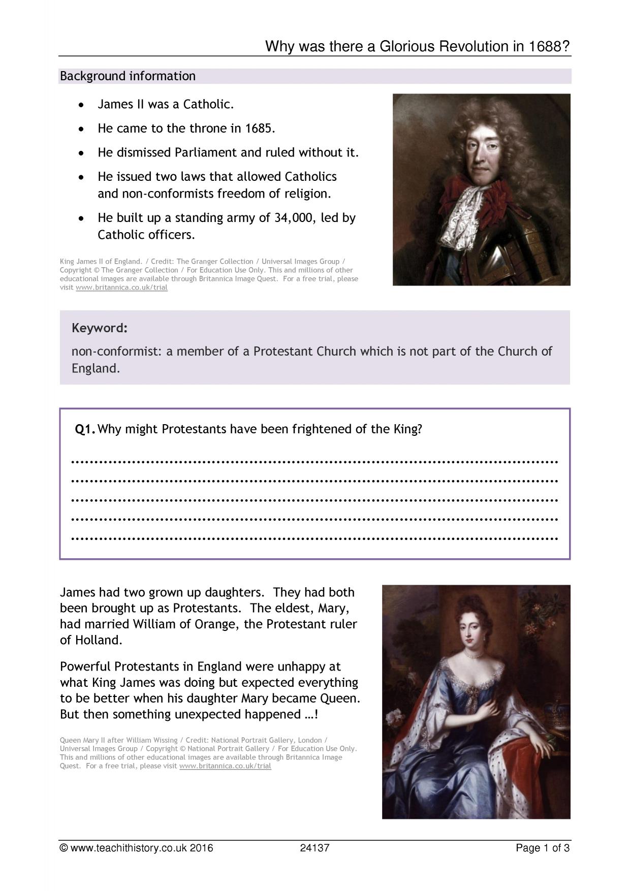 KS3 history worksheet Glorious Revolution Reading and comprehension Teachit History