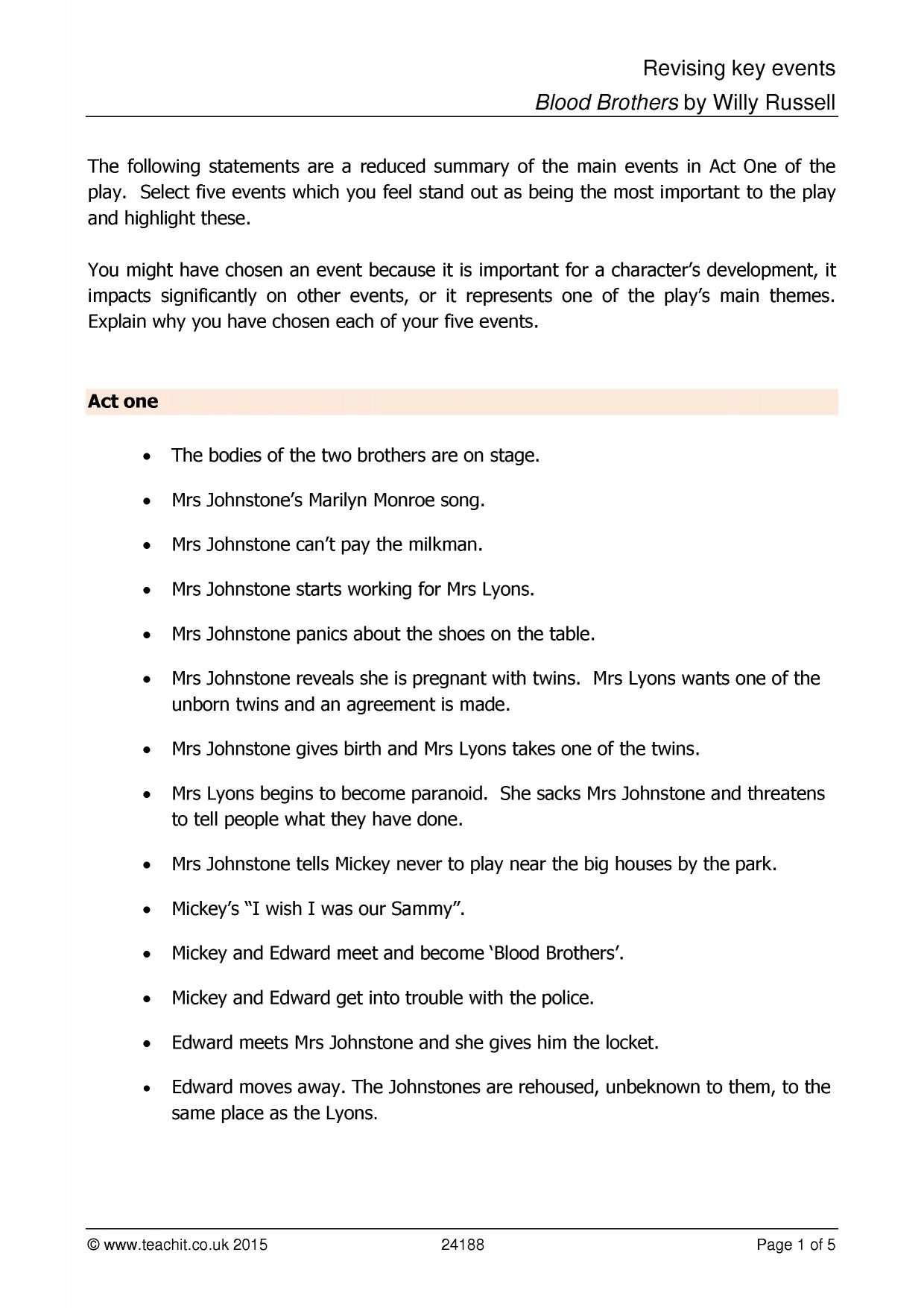 Timeline plotting key events in 'Blood Brothers' GCSE Teachit
