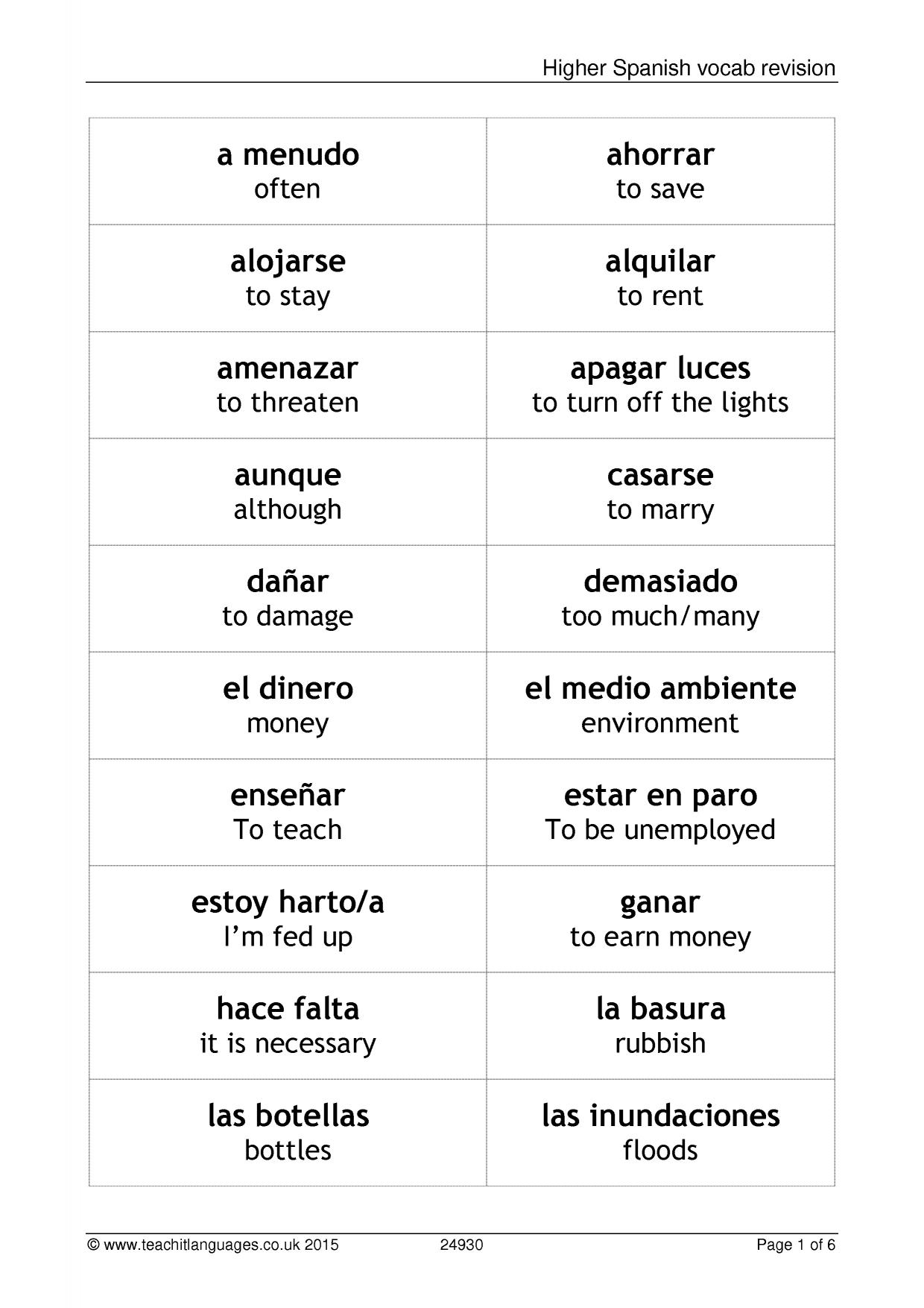Vocabulary worksheet Vocab revision KS4 Spanish teaching resource Teachit