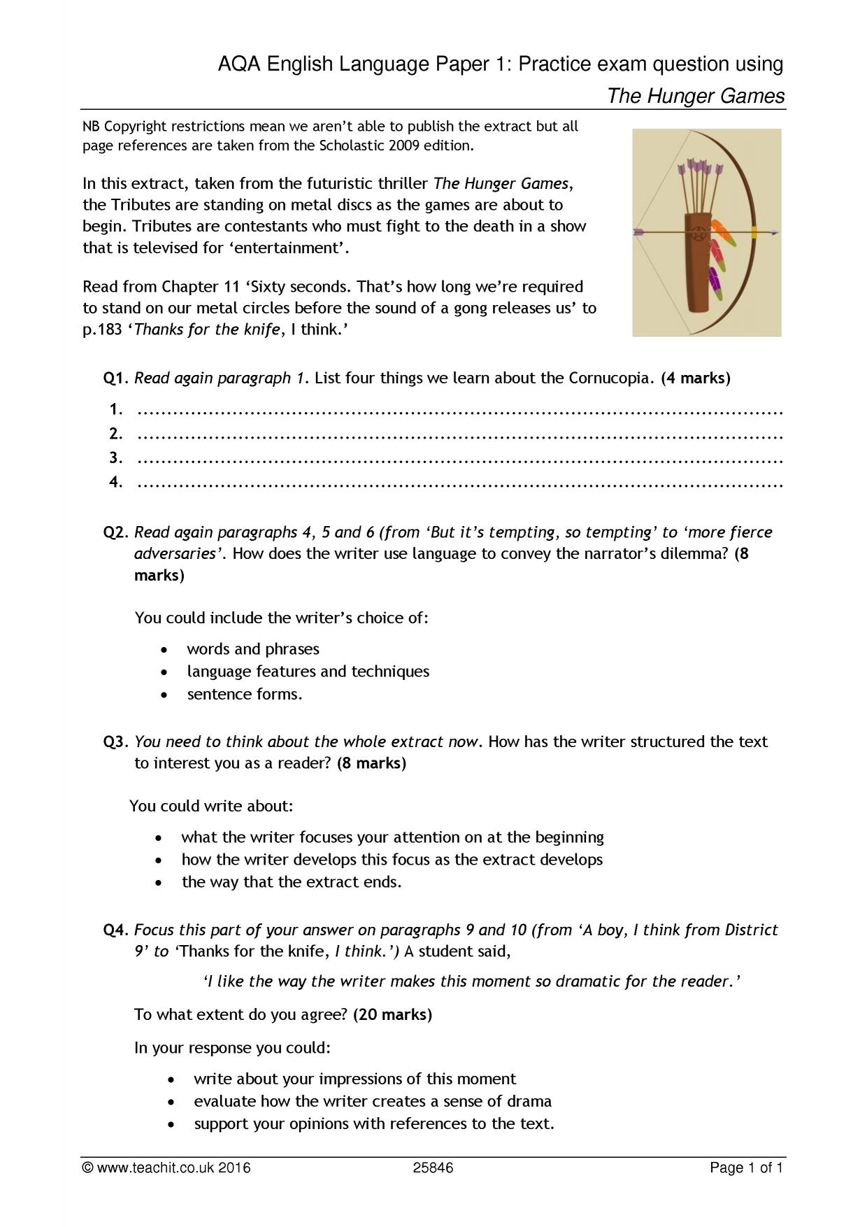 AQA English Language Paper 1 Practice exam question using 'The Hunger Games'