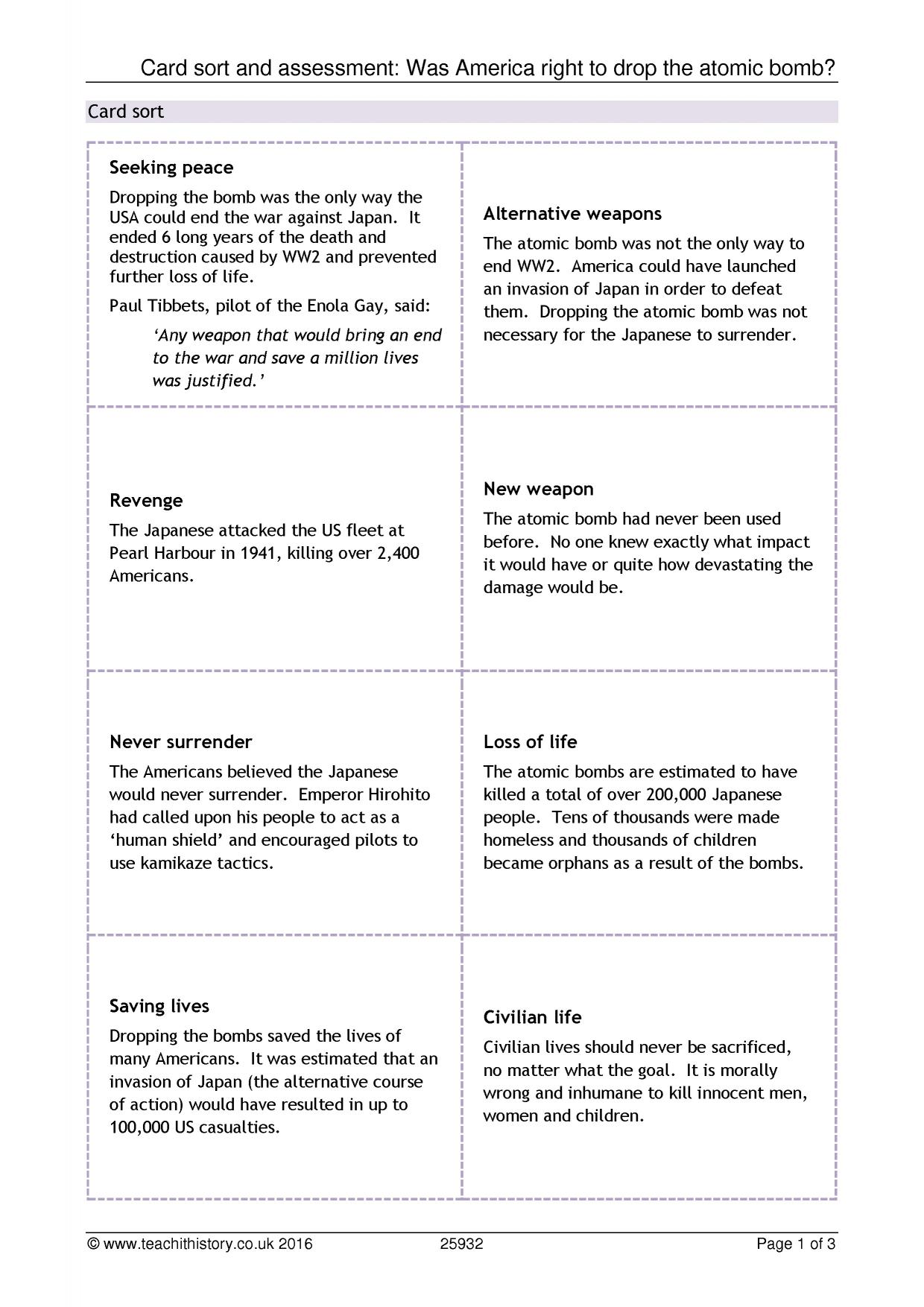 Card sort and assessment Was America right to drop the atomic bomb?