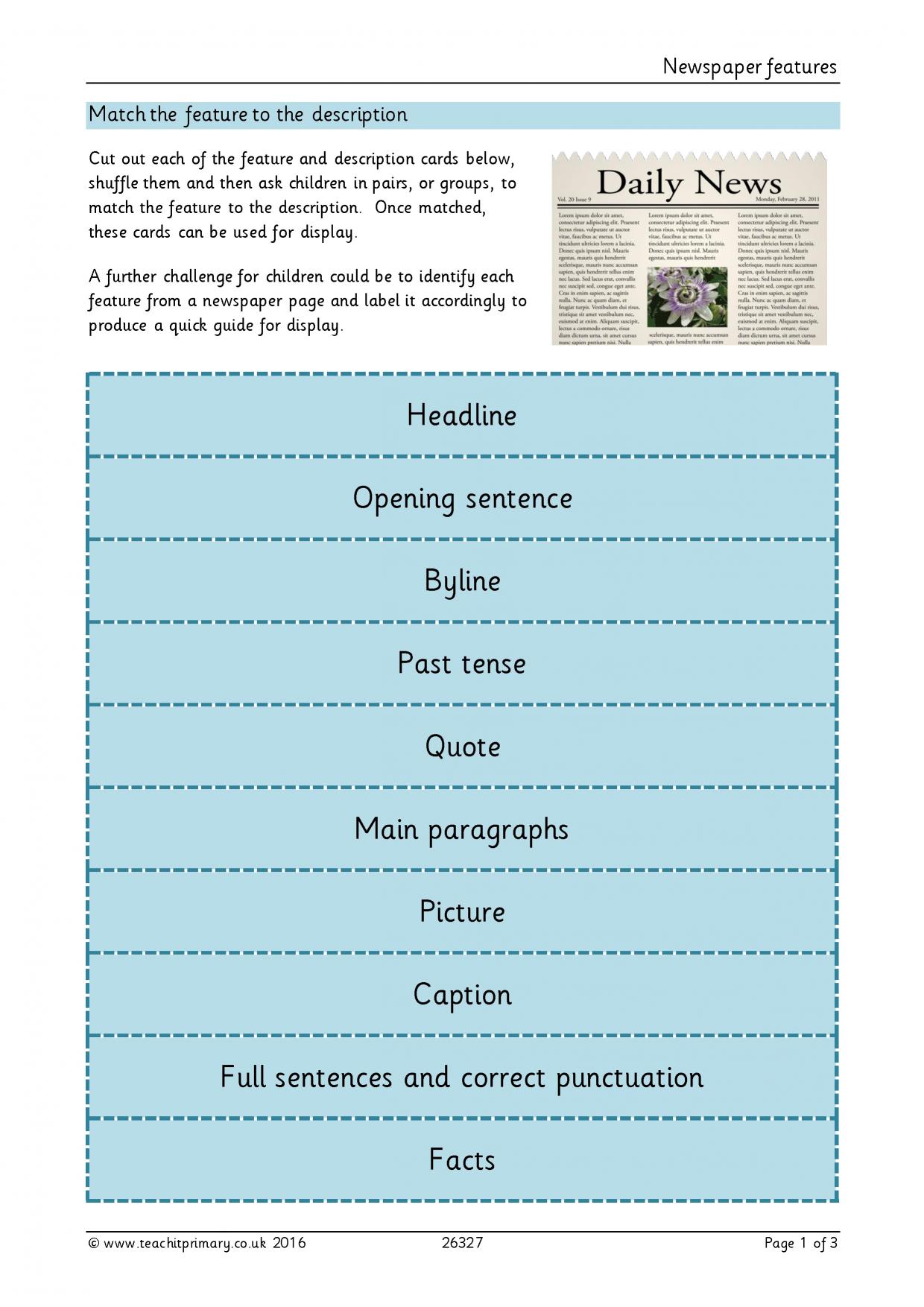 Features of a newspaper activity KS2 English Teachit