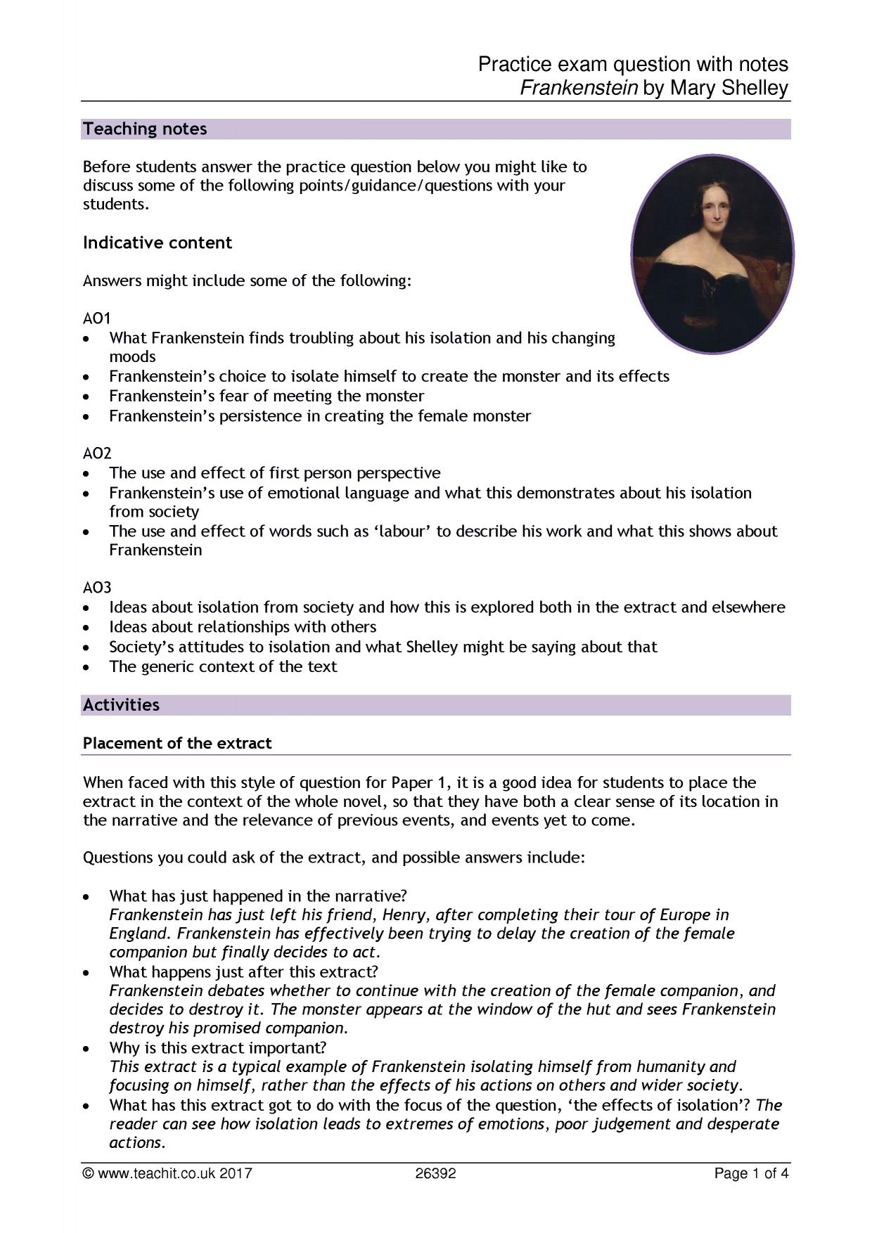 Practice exam question based on isolation in 'Frankenstein' GCSE