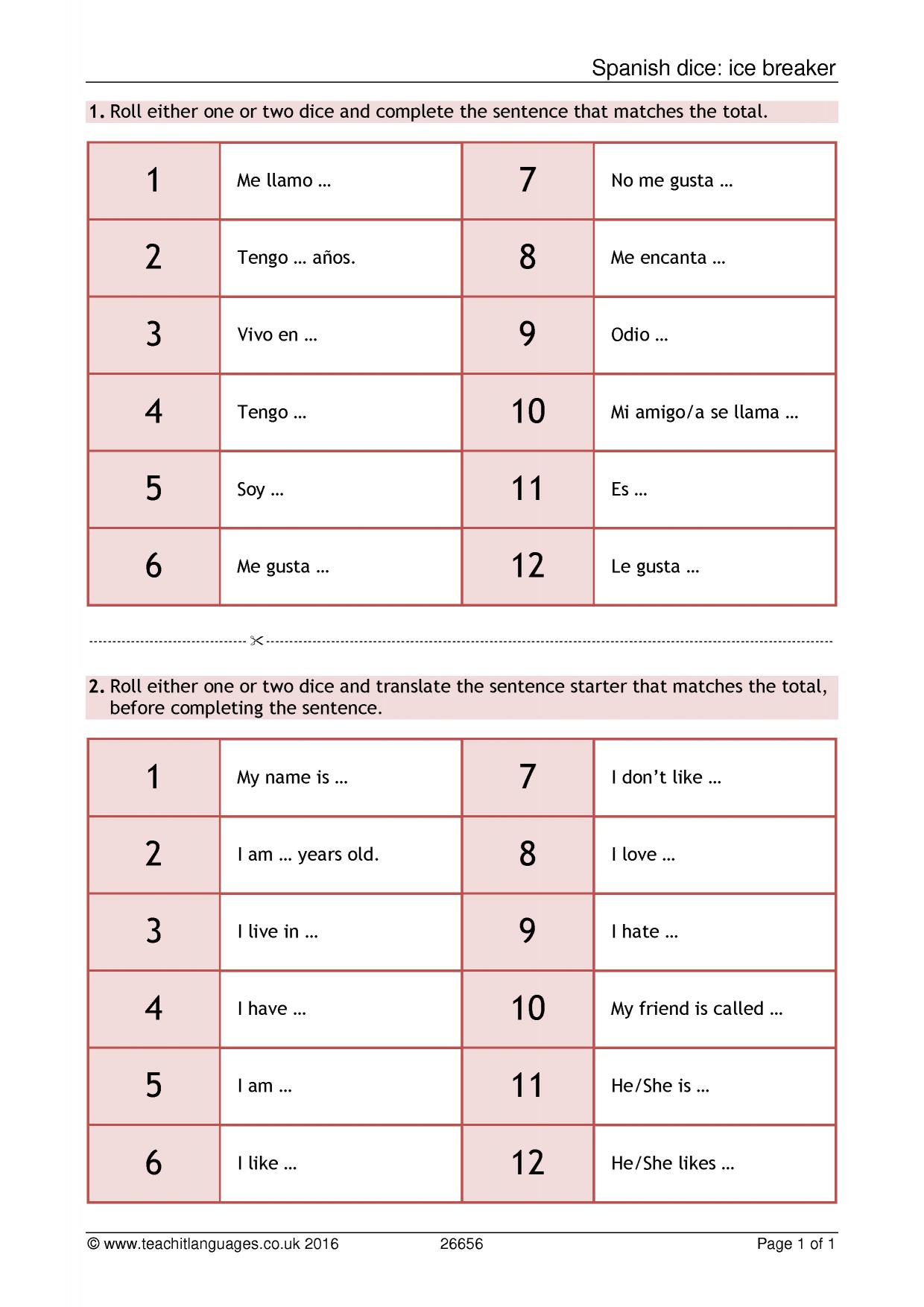 Dice speaking Ice breaker KS3 Spanish teaching resource Teachit