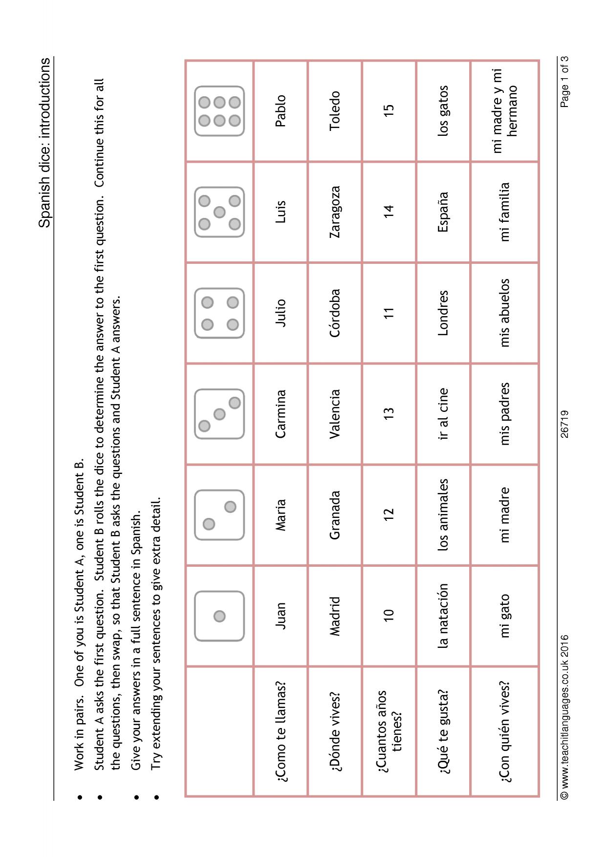 Dice speaking Introductions KS3 Spanish teaching resource Teachit