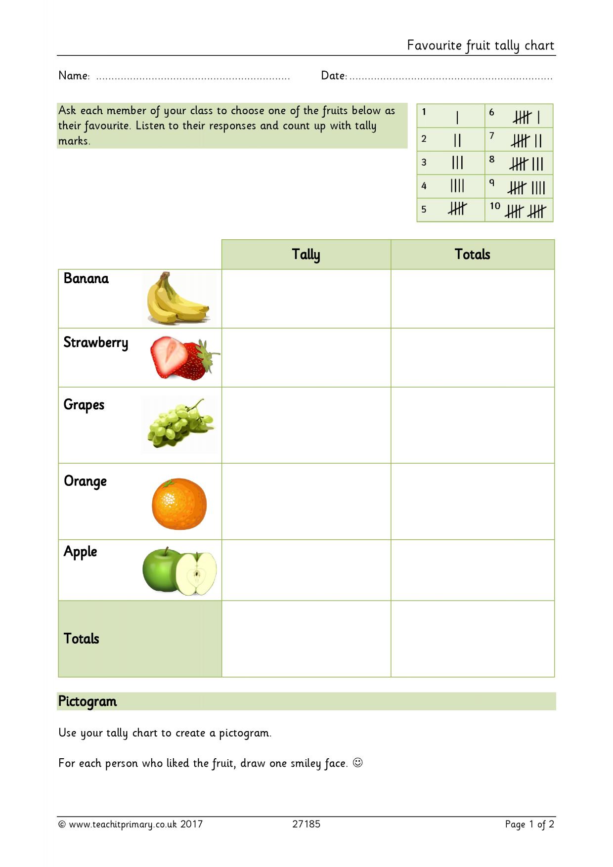Favourite fruit tally chart KS1 statistics Teachit