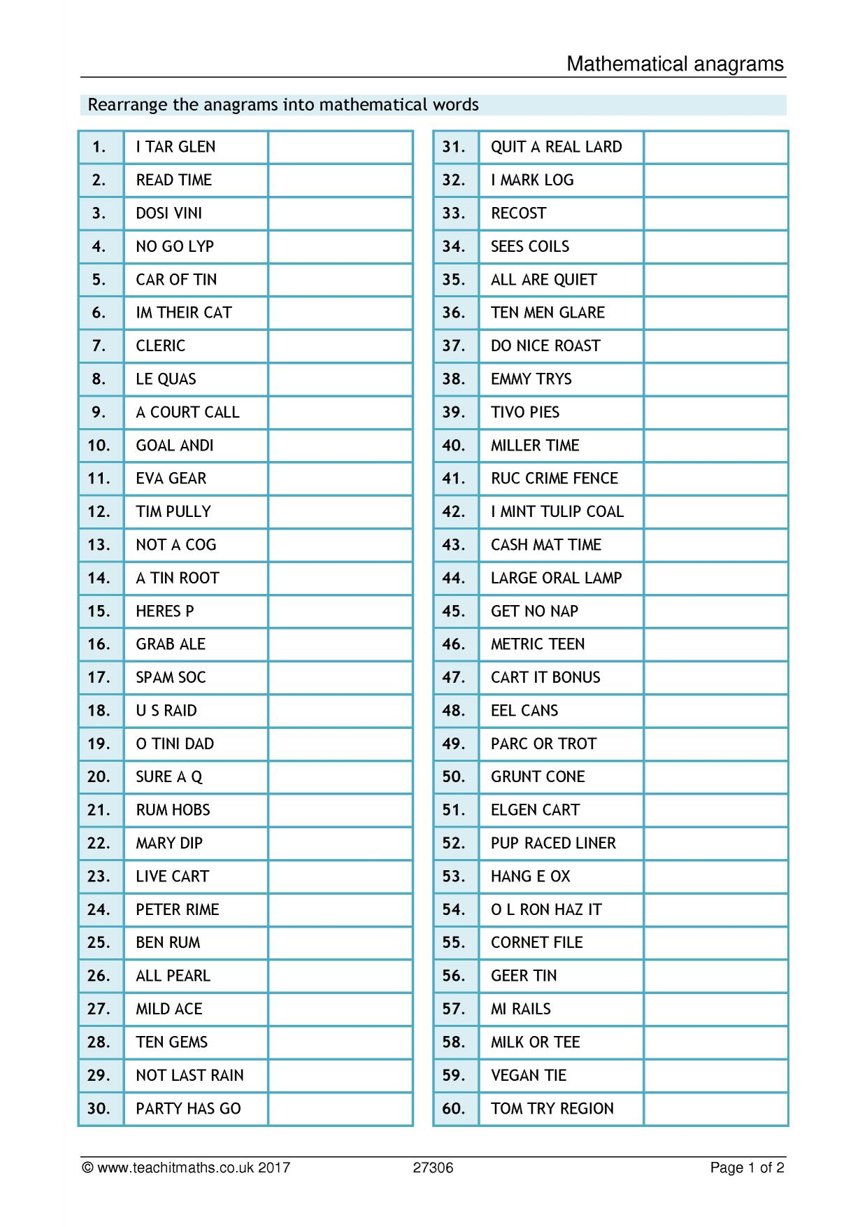 Mathematical anagrams KS34 maths Teachit