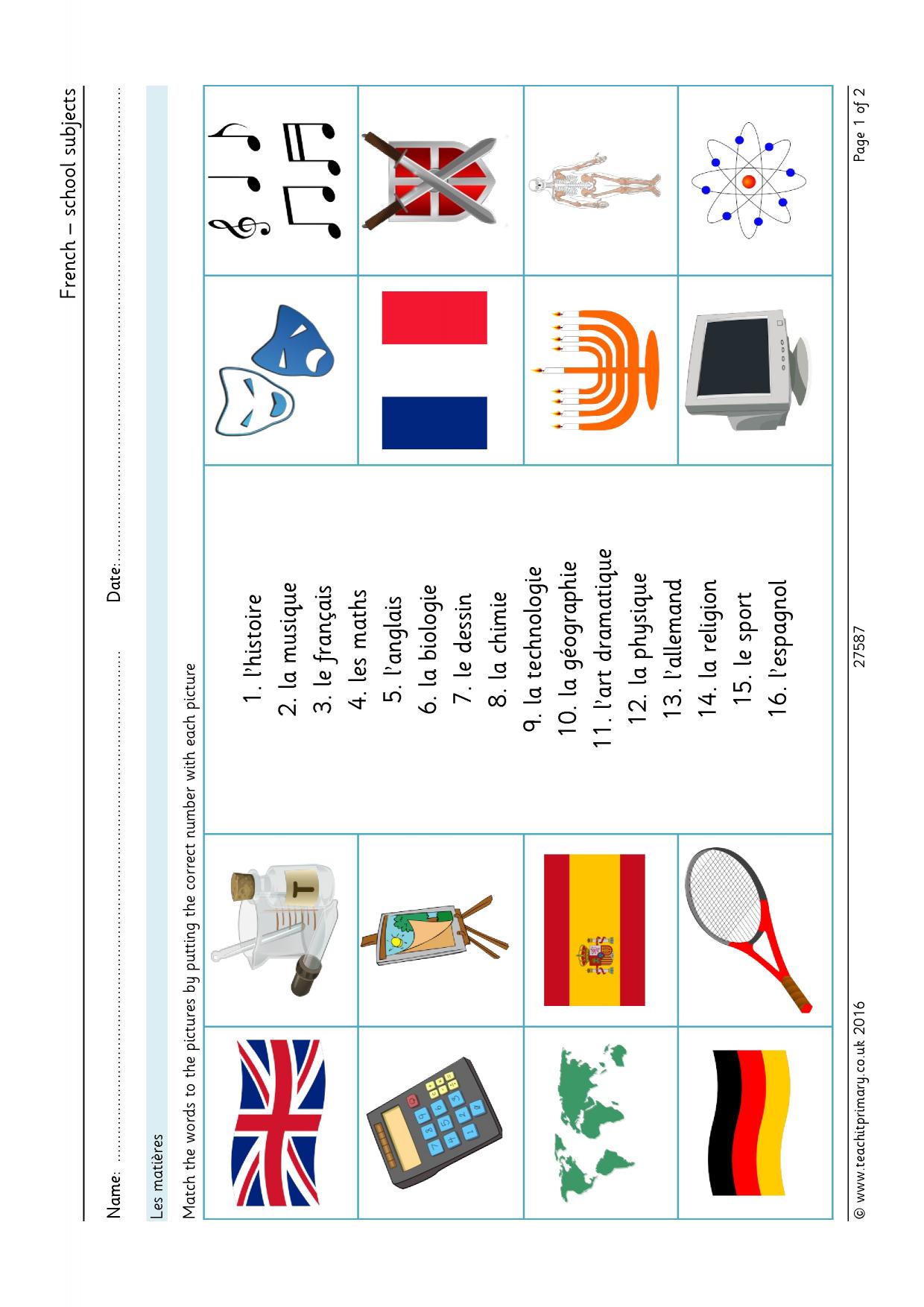 School subjects vocabulary match KS2 French Teachit