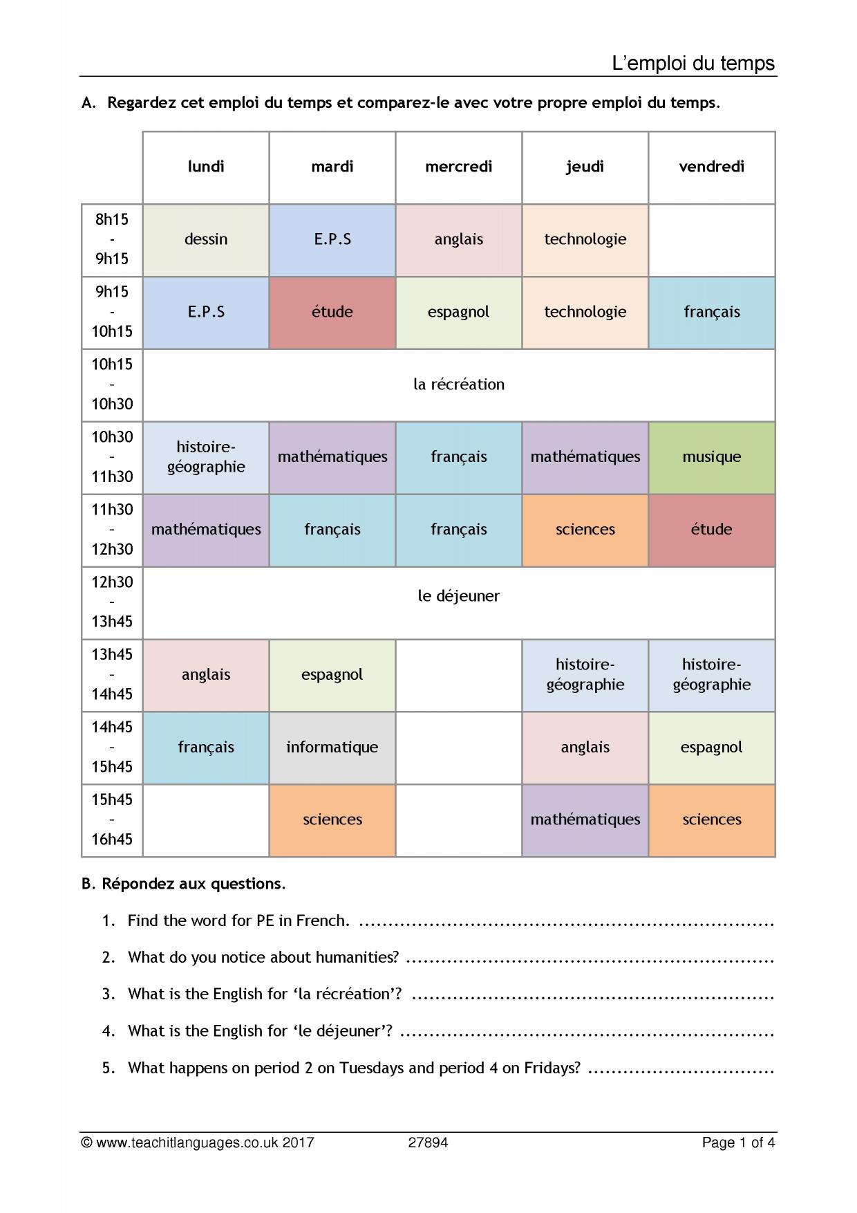 Timetable worksheet School subjects KS3 French teaching resource