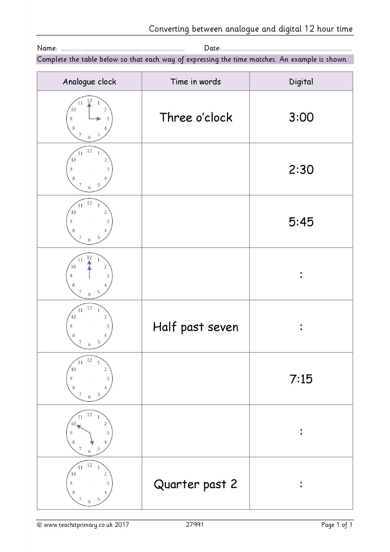 Converting between analogue and digital 12 hour clock time KS2 time