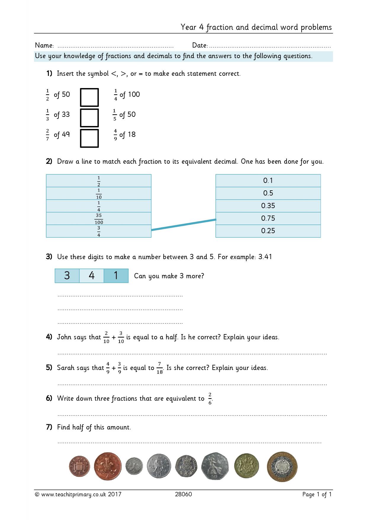 Year 4 fraction and decimal word problems | KS2 fractions | Teachit