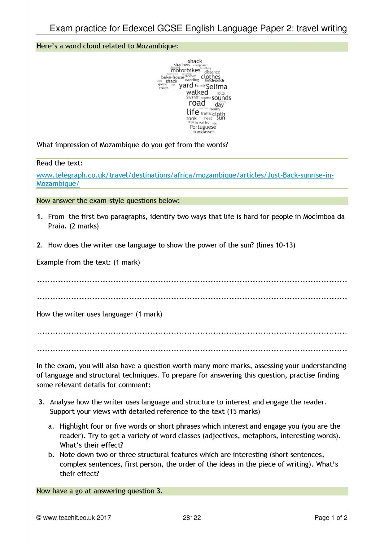 Exam practice for Edexcel GCSE English Language Paper 2 travel writing