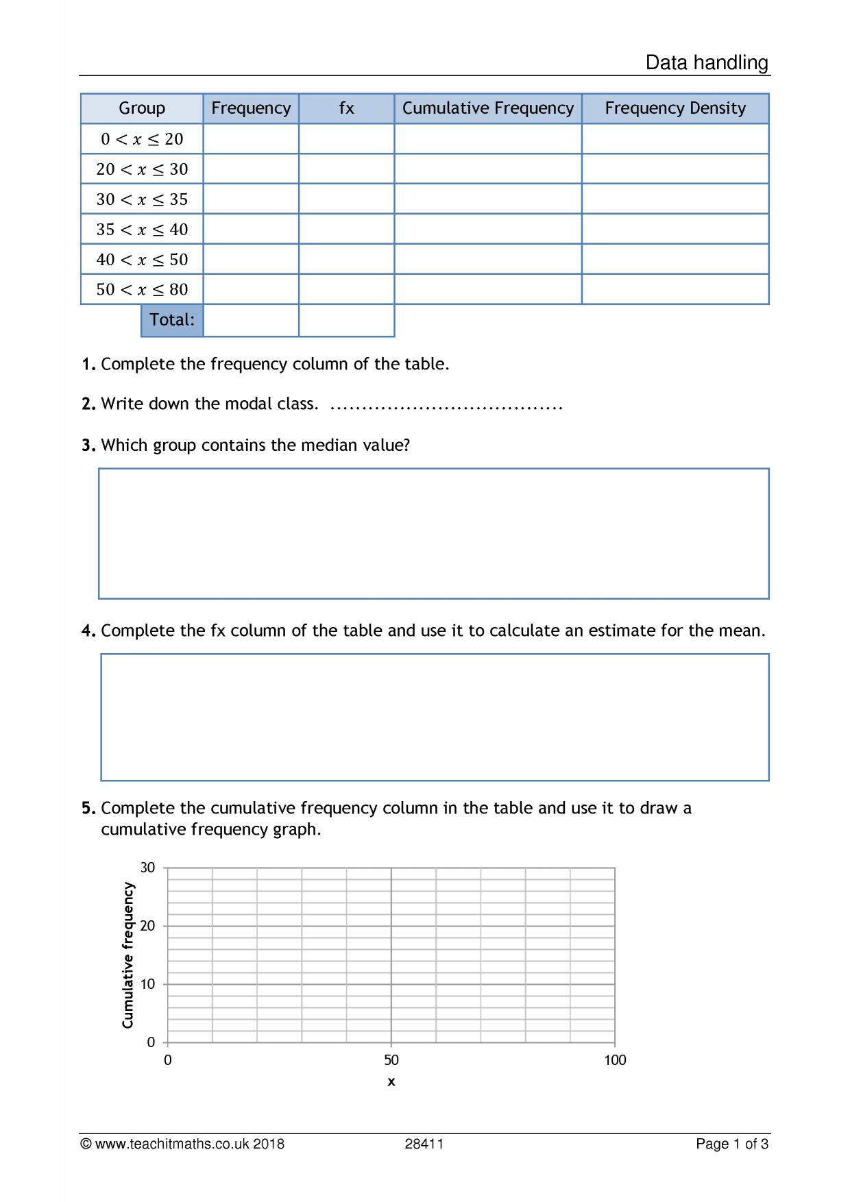 Data handling worksheet¦KS4 maths¦Teachit