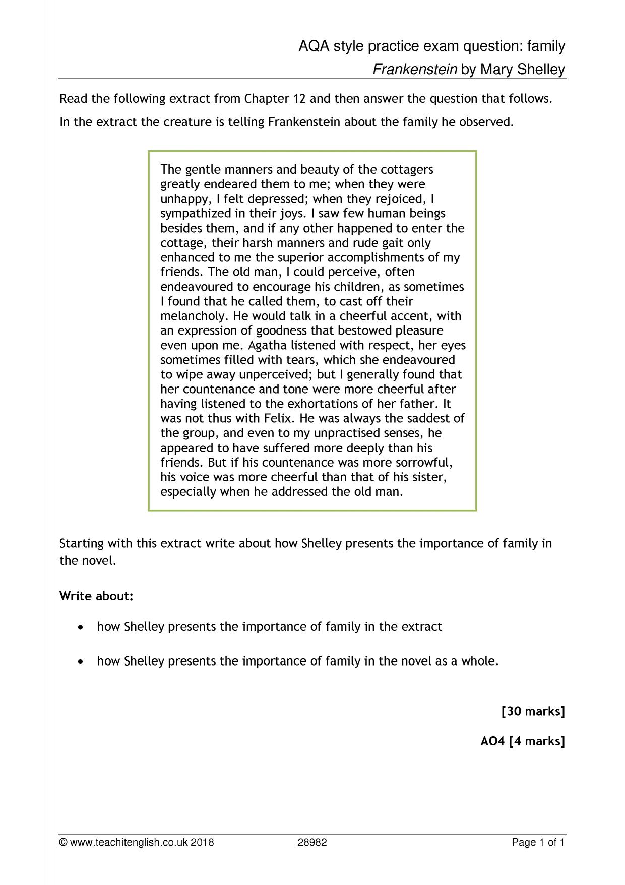 Exam practice question based on family in 'Frankenstein' KS4 English