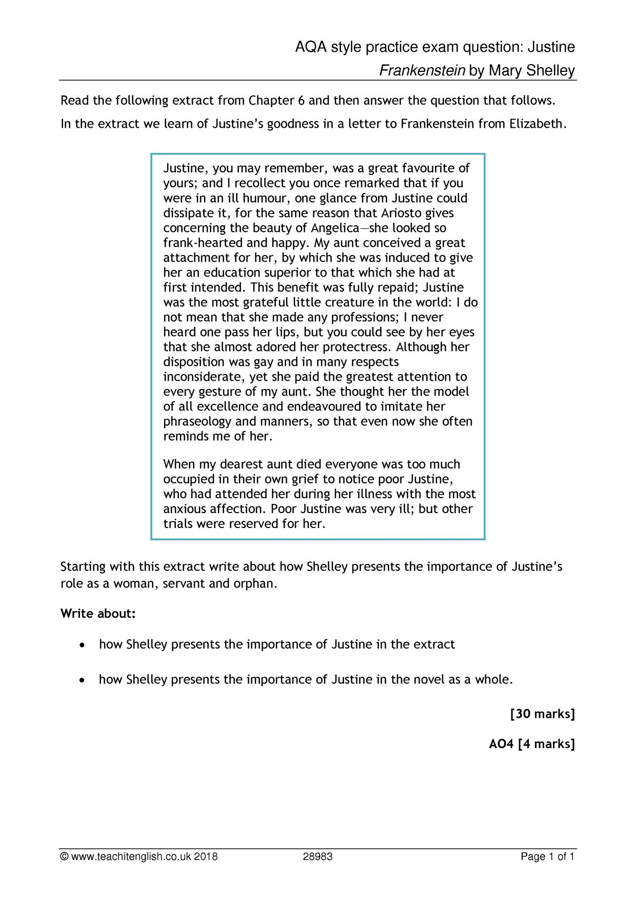 Exam practice question based on Justine in 'Frankenstein' KS4 English