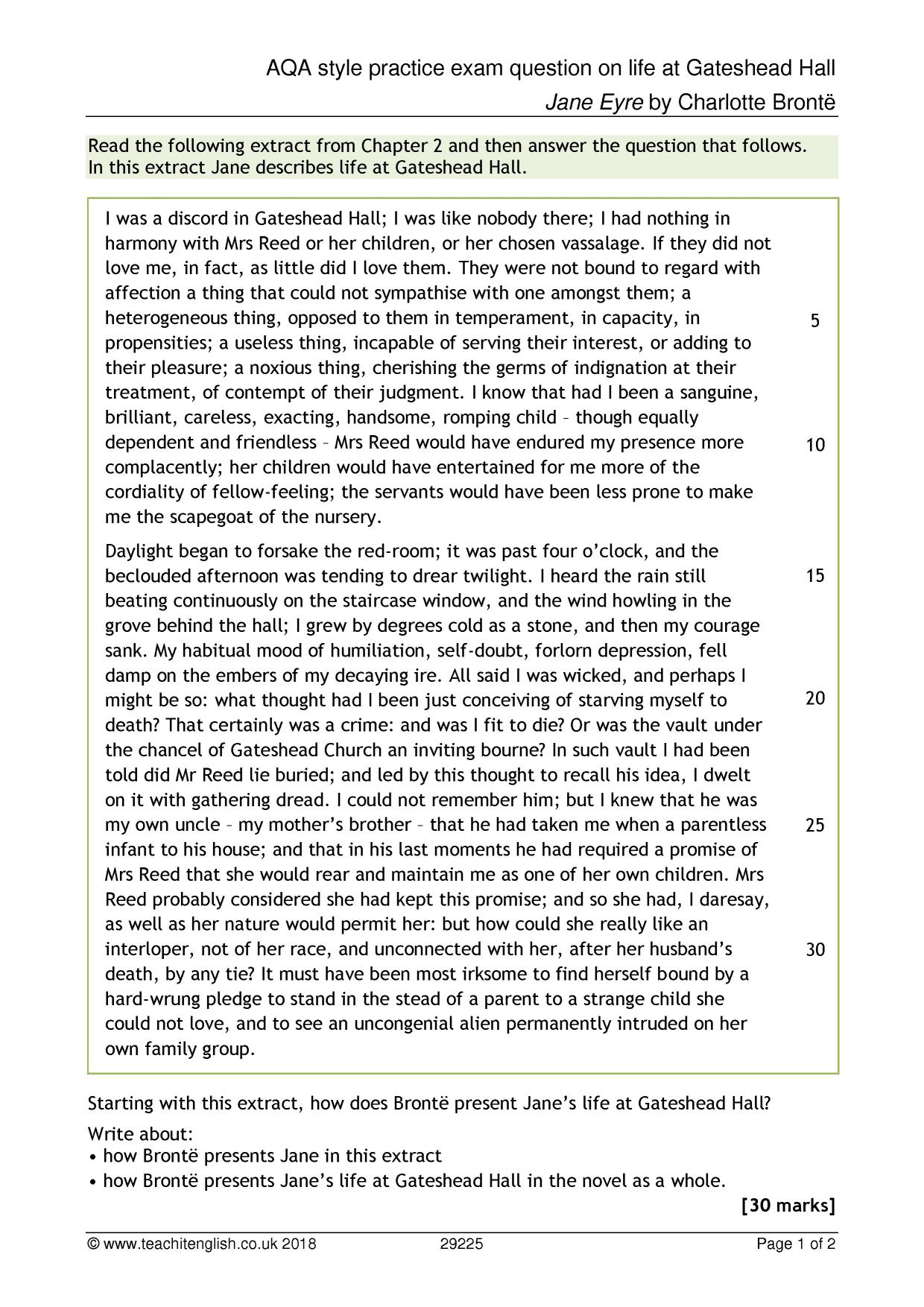 Jane Eyre examstyle question with answers AQA GCSE Teachit
