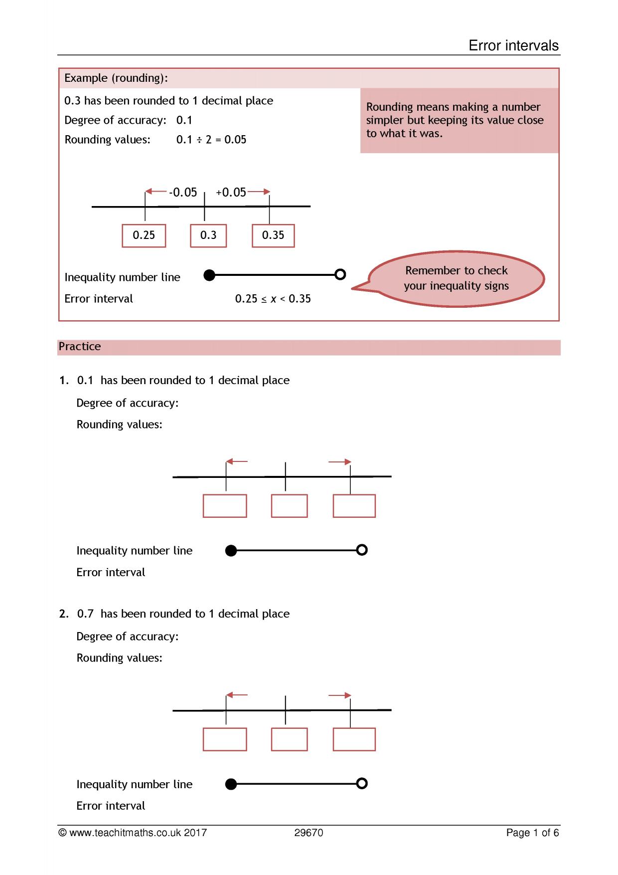 Error intervals worksheet KS34 maths Teachit