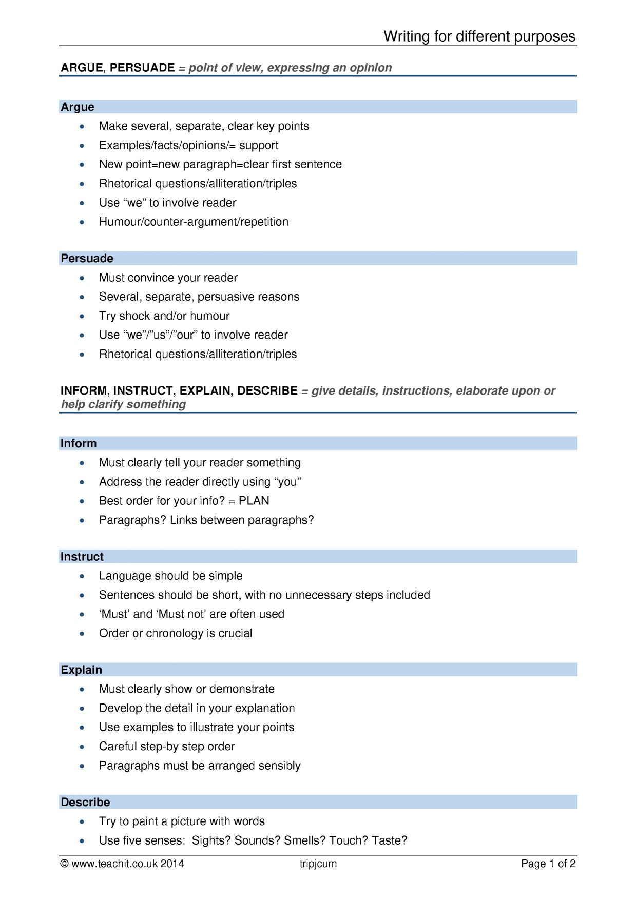 Writing for different purposes support sheet KS34 English Teachit