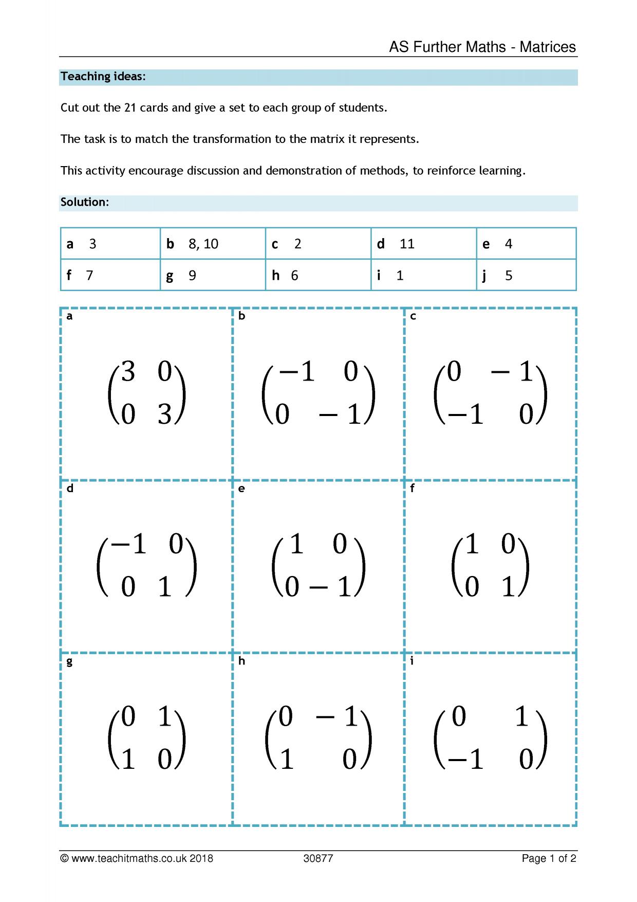 Matrices and transformations cards matching activity