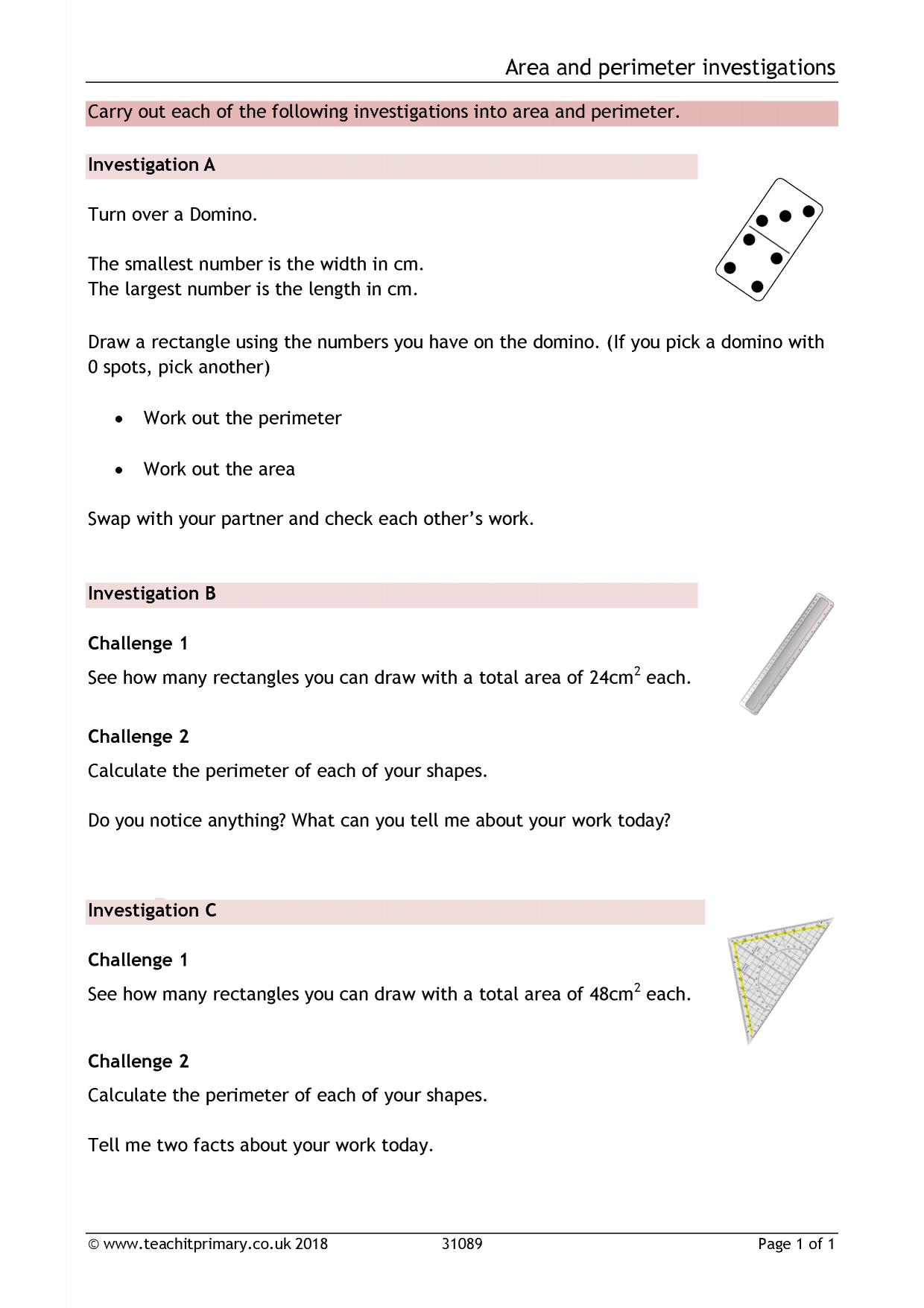 Rectangle area and perimeter investigation KS2 measurement Teachit