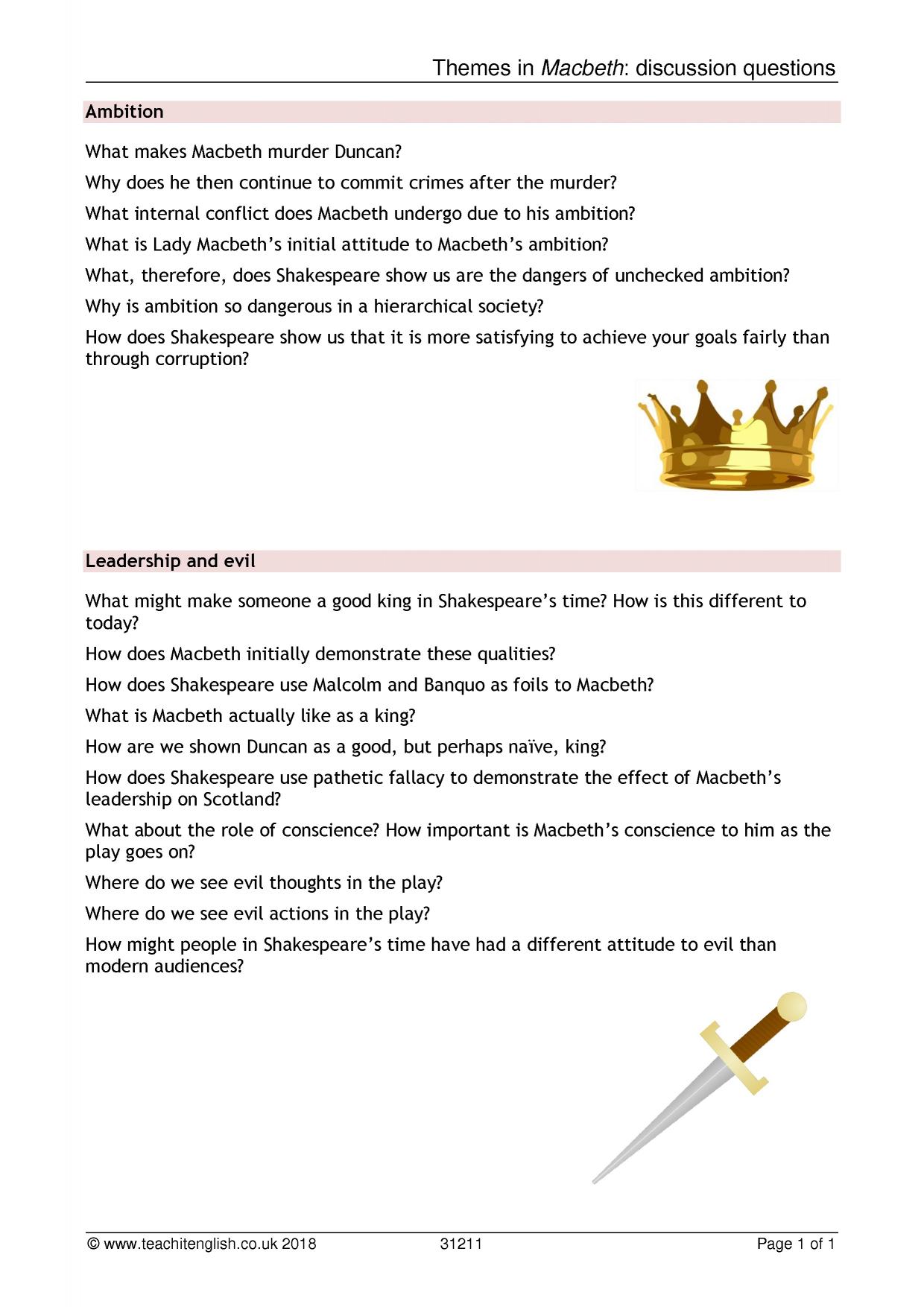 Themes in Macbeth Discussion Questions Macbeth KS4 English Teachit