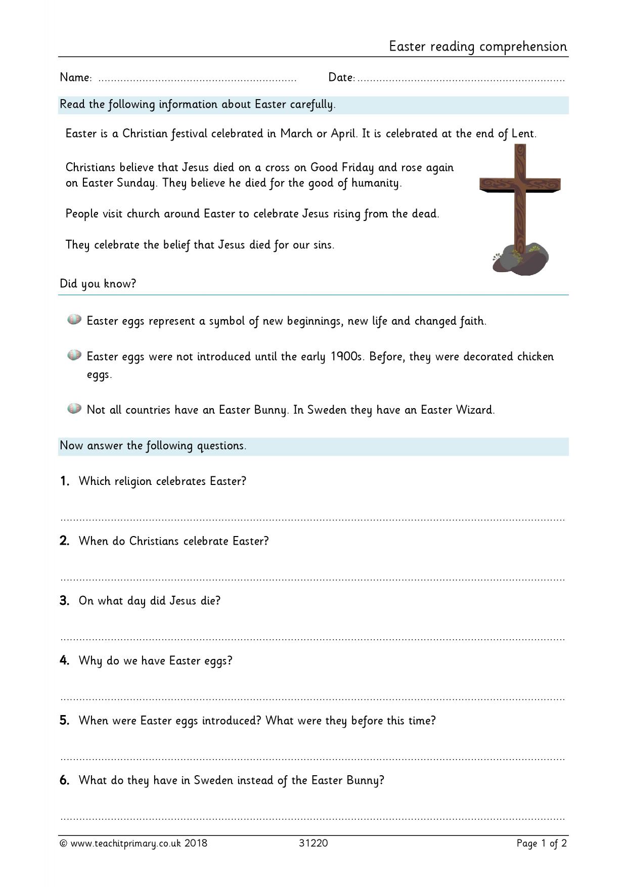 Easter comprehension RE KS1 Christianity Teachit