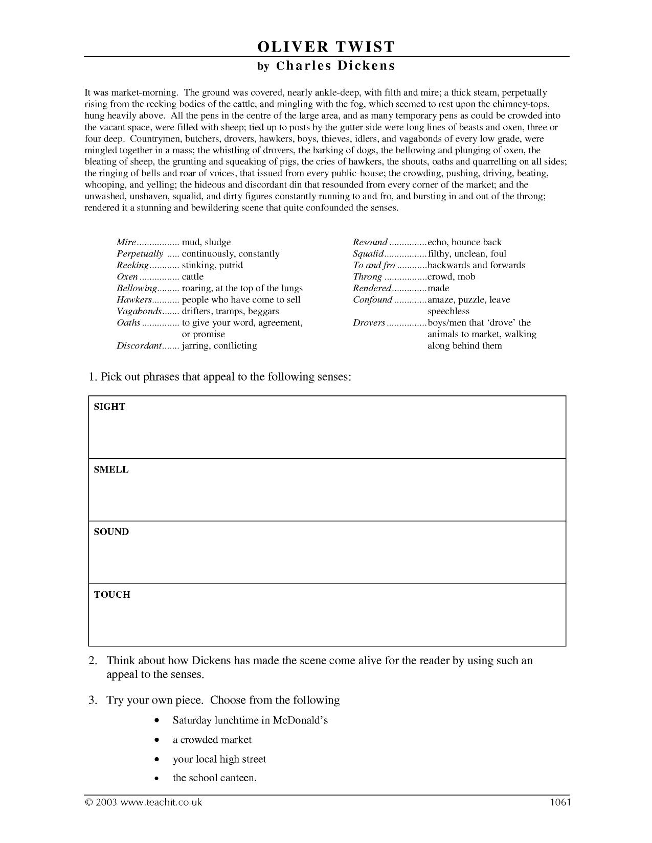 Sensory description in 'Oliver Twist' teaching activity KS34 English