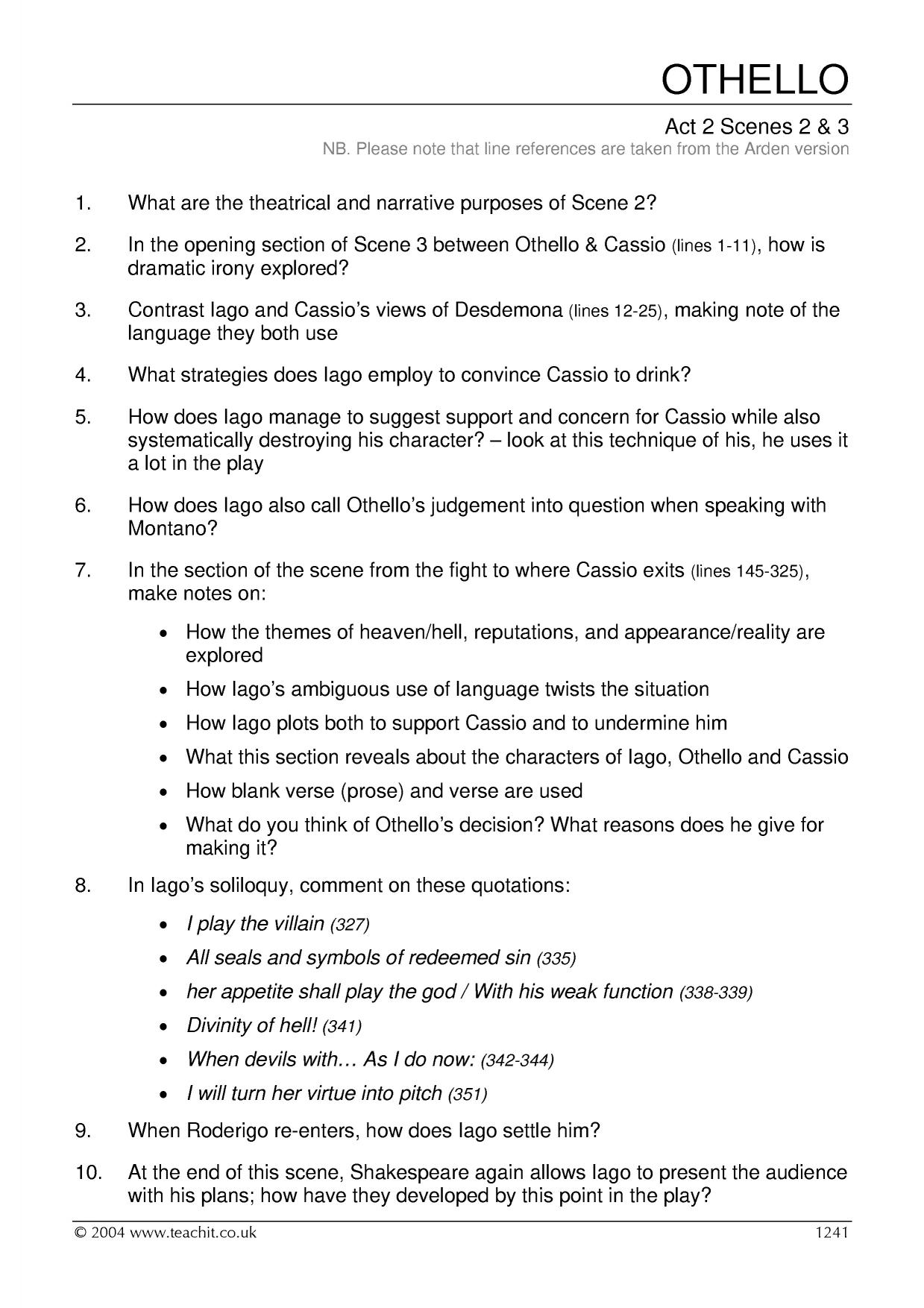 Act 2 questions Othello KS45 English Teachit