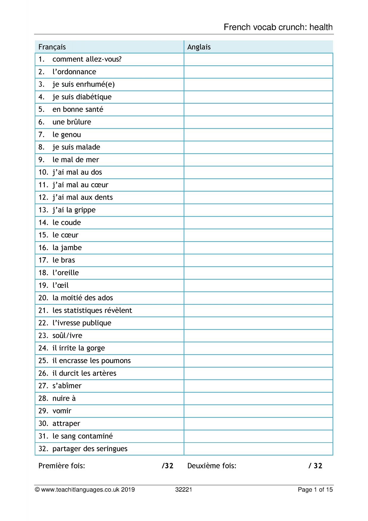 Vocabulary learning Health KS4 French teaching resource Teachit