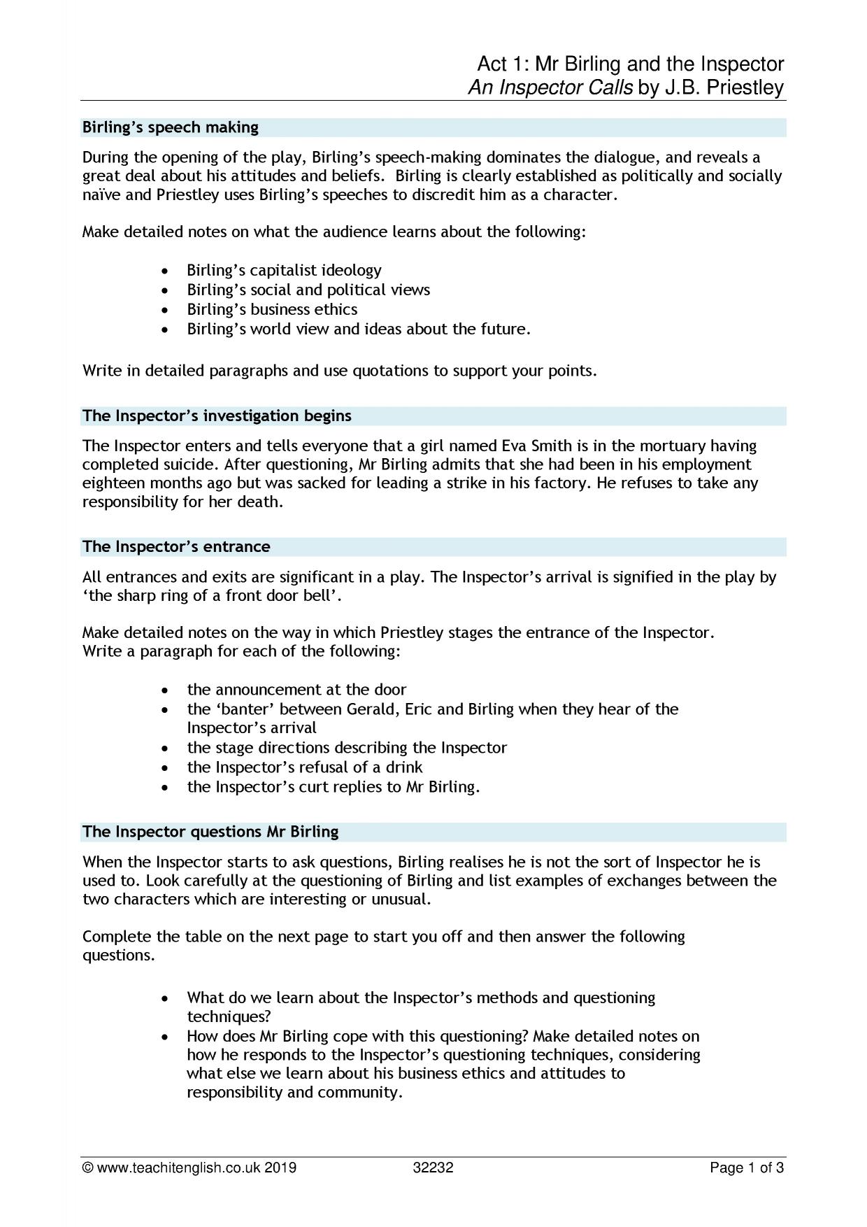 Characters Act 1 An Inspector Calls J. B. Priestley GCSE