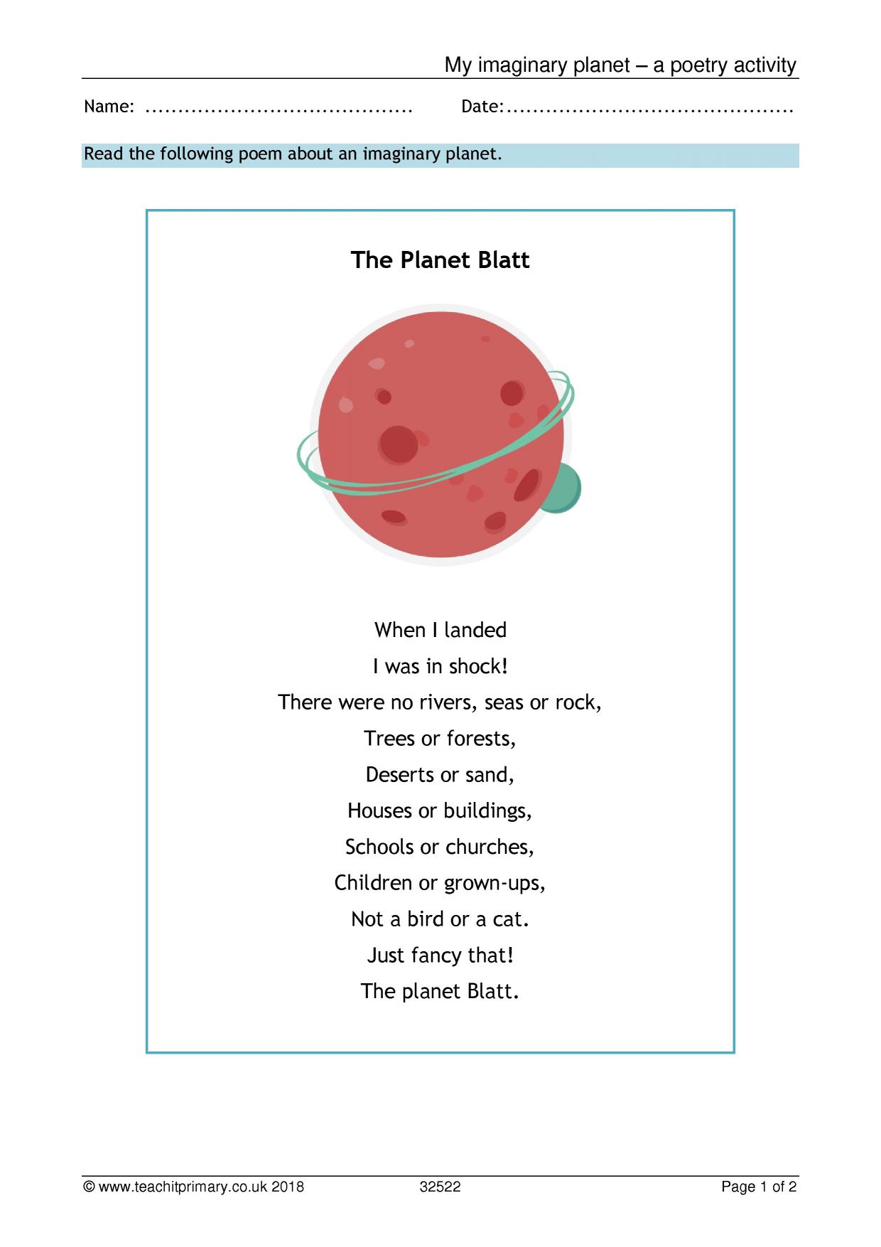 Space poetry writing frame KS1 English Teachit