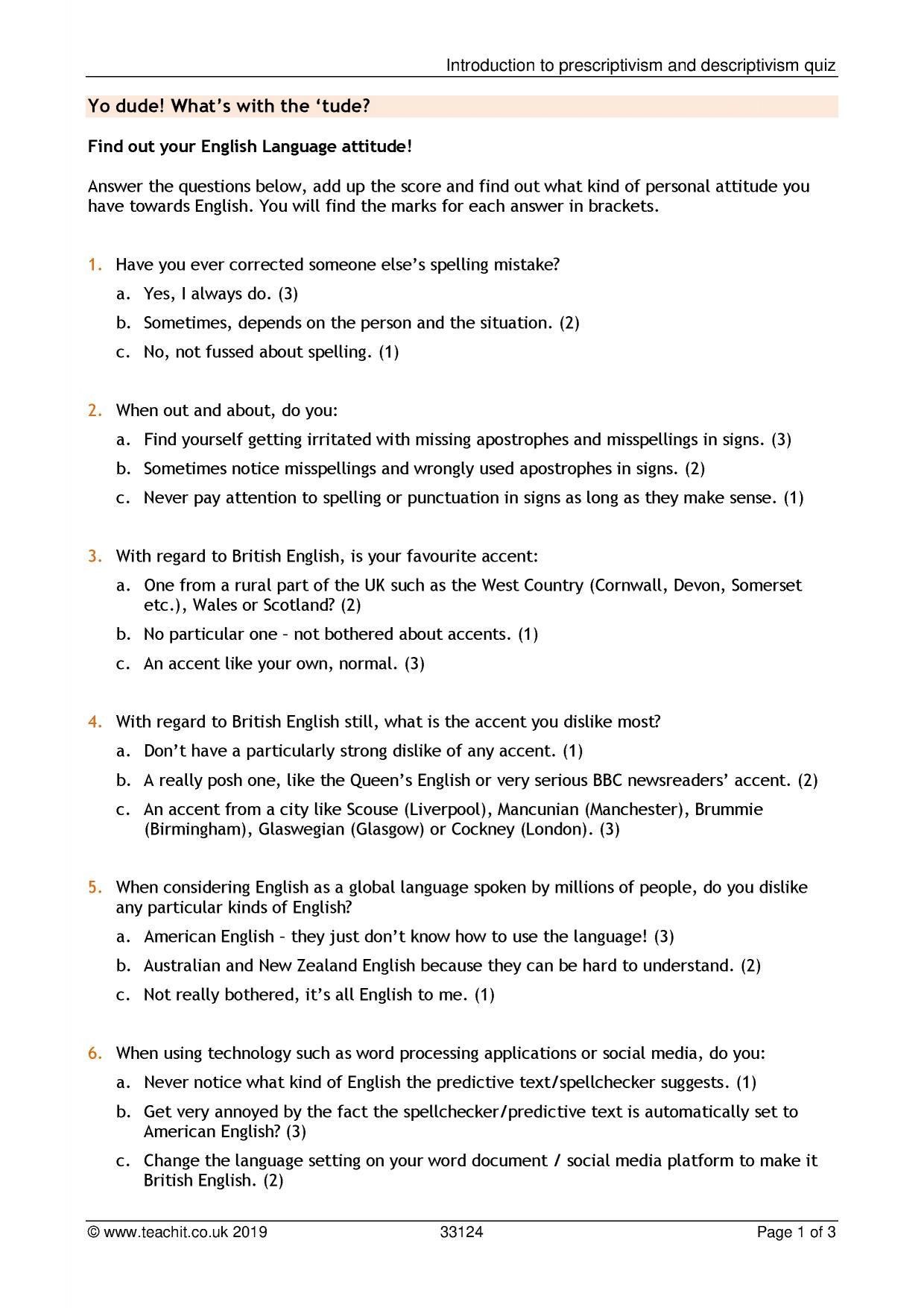 Introduction to prescriptivism and descriptivism quiz Alevel English