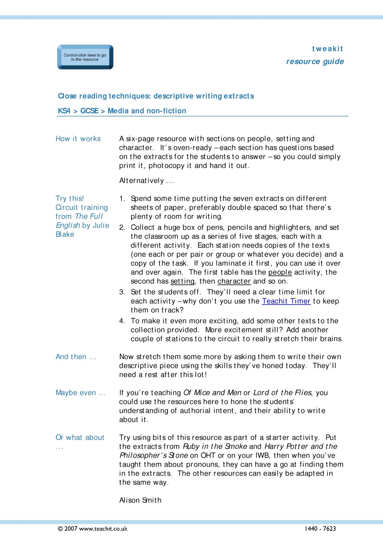 Close reading techniques descriptive writing extracts KS34 English
