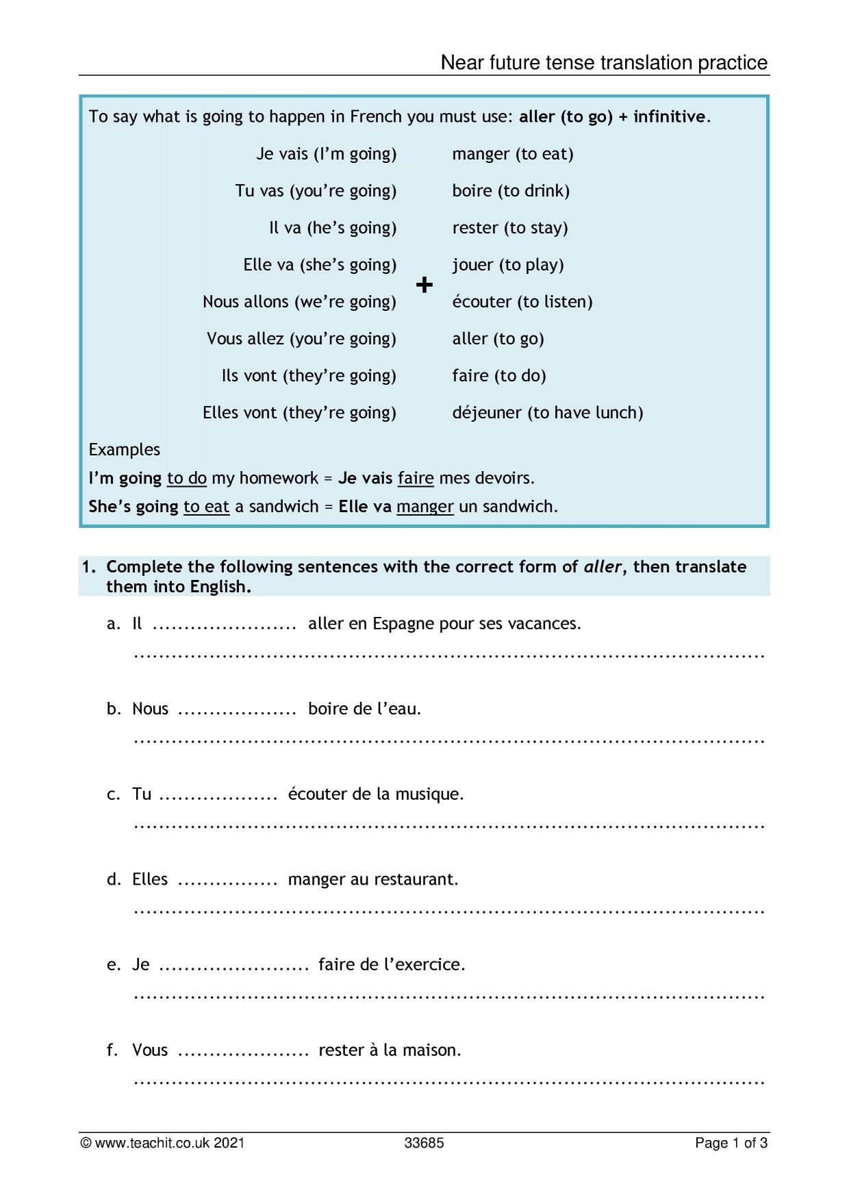 Translation worksheet Near future tense KS3 French teaching resource Teachit