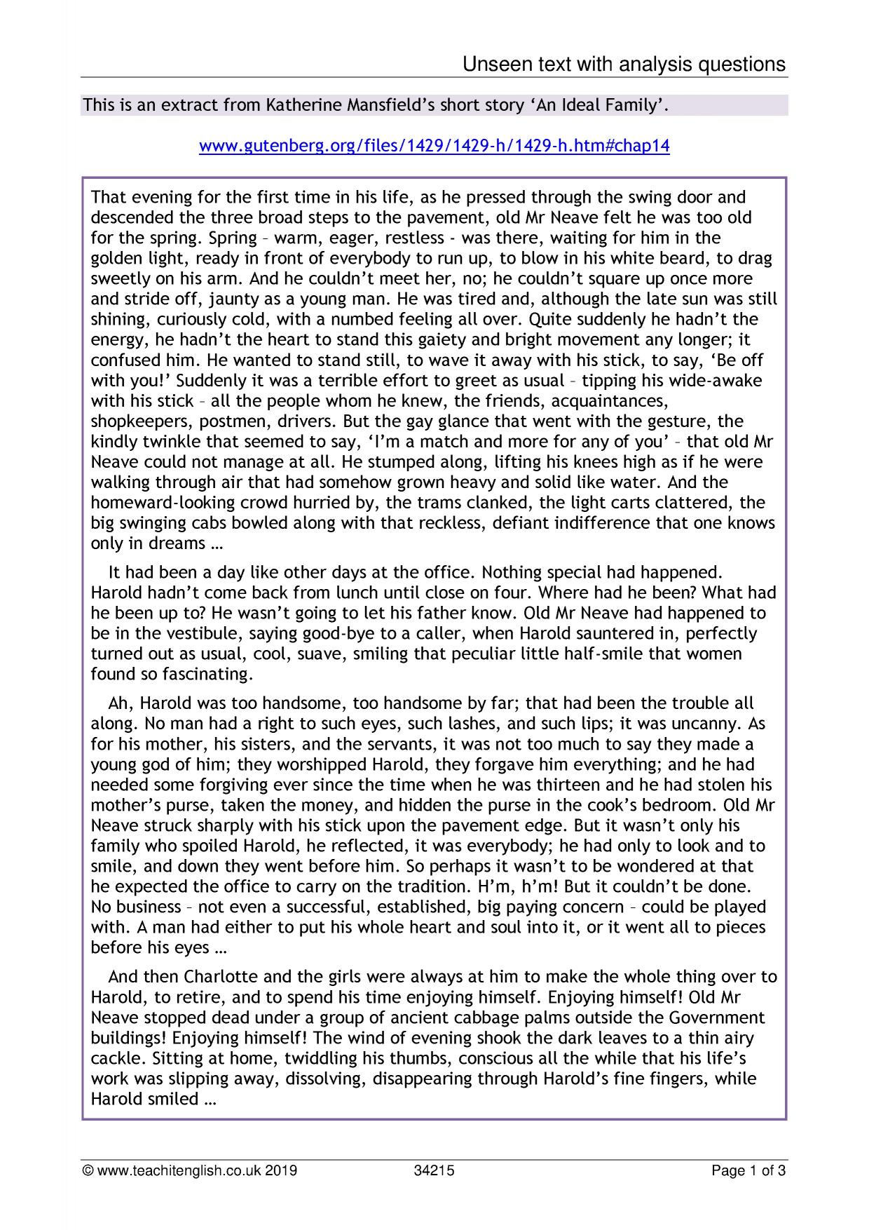 Analysis questions on Katherine Mansfield extract KS34 English Teachit