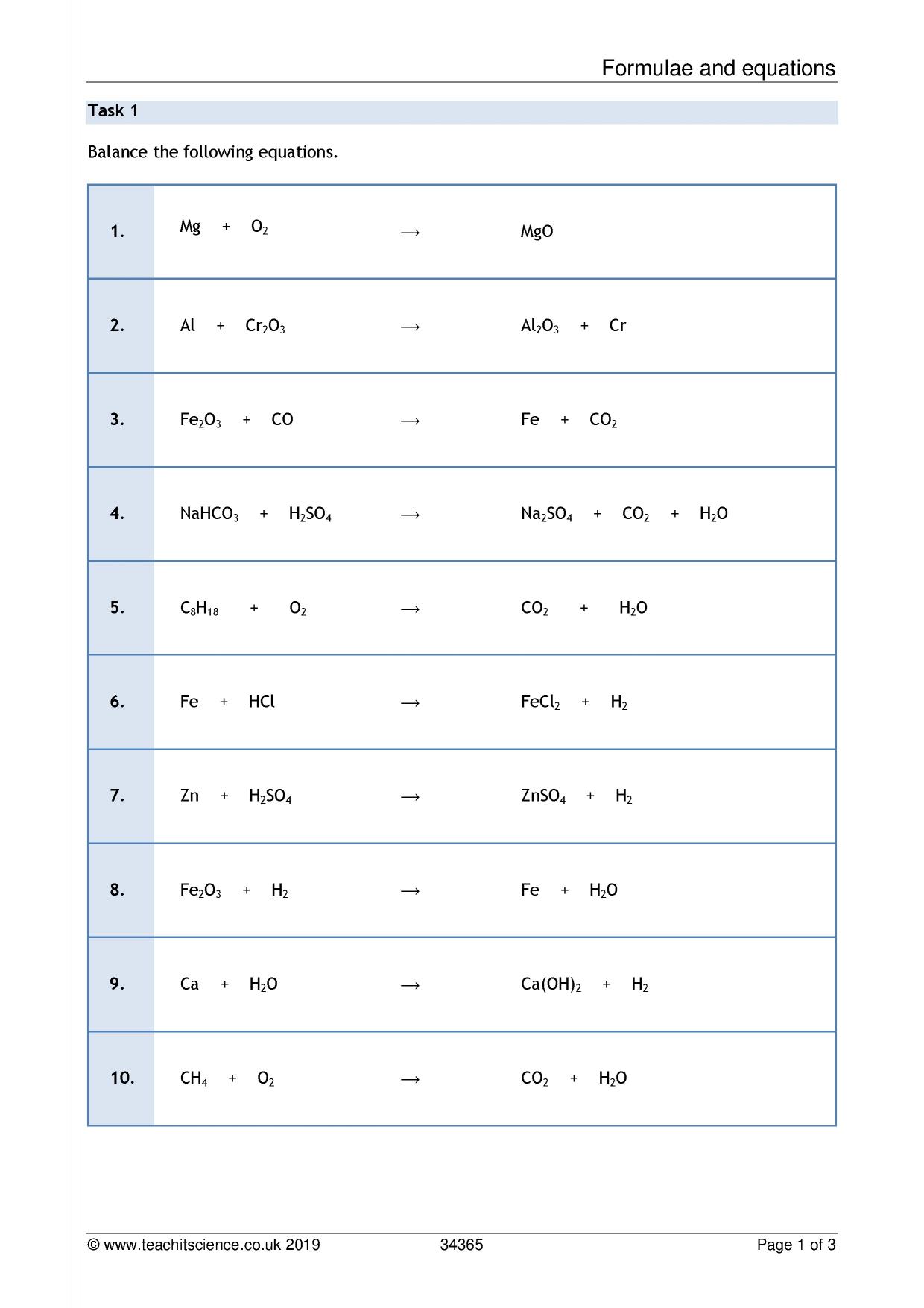 Formulae and equations worksheetKS4 ChemistryTeachit