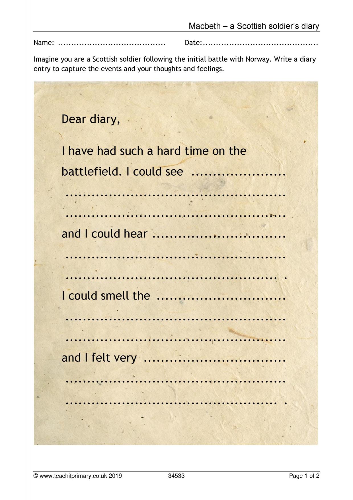 Macbeth diary writing frame KS2 English Teachit