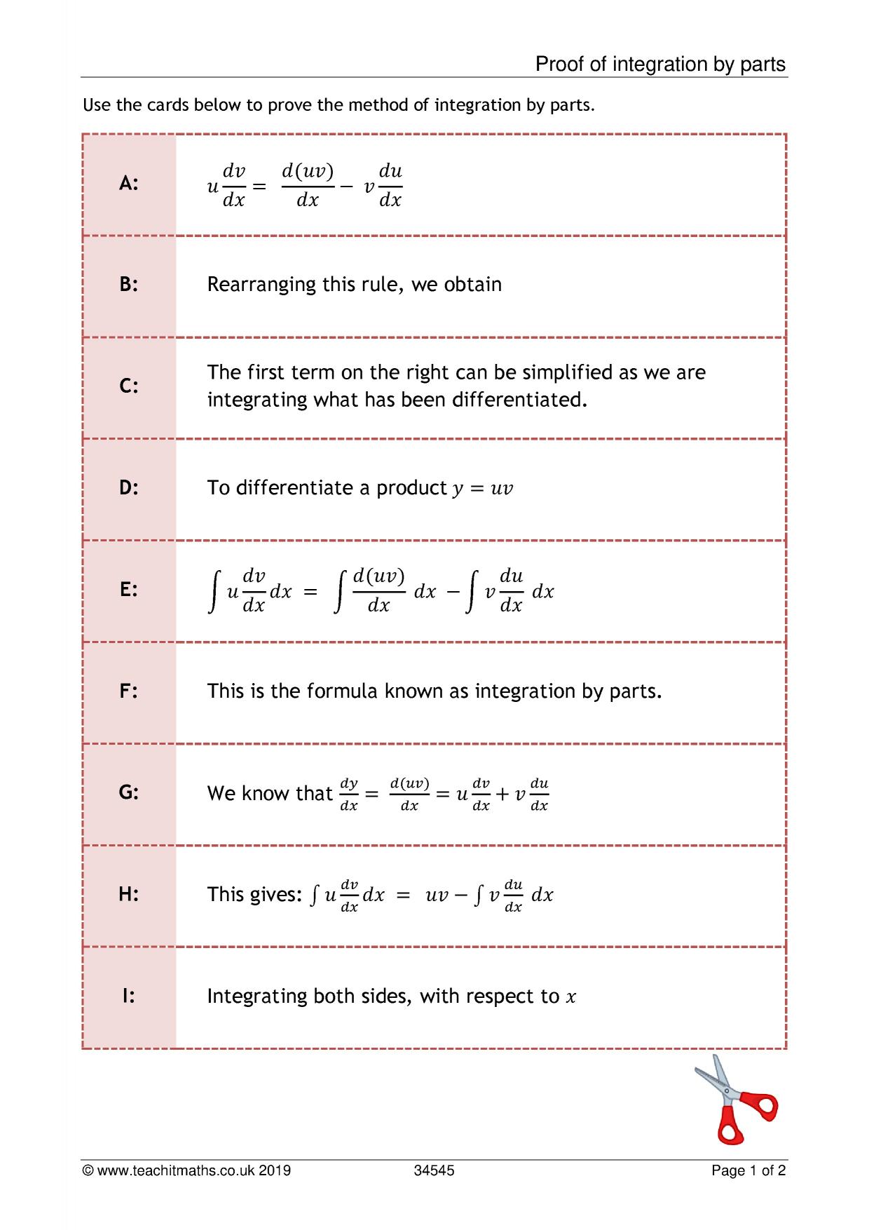 KS5 Alevel maths Proof of integration by parts card sort