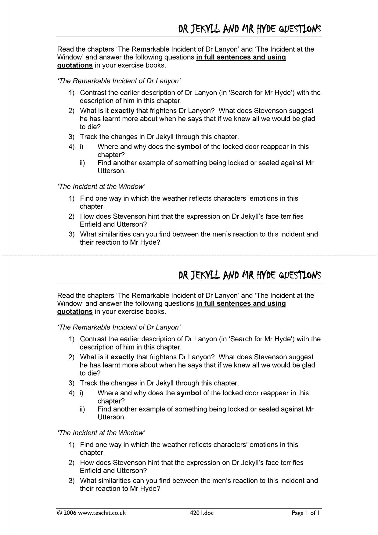 Questions on chapters 6 and 7 of 'Dr Jekyll and Mr Hyde' KS4 English
