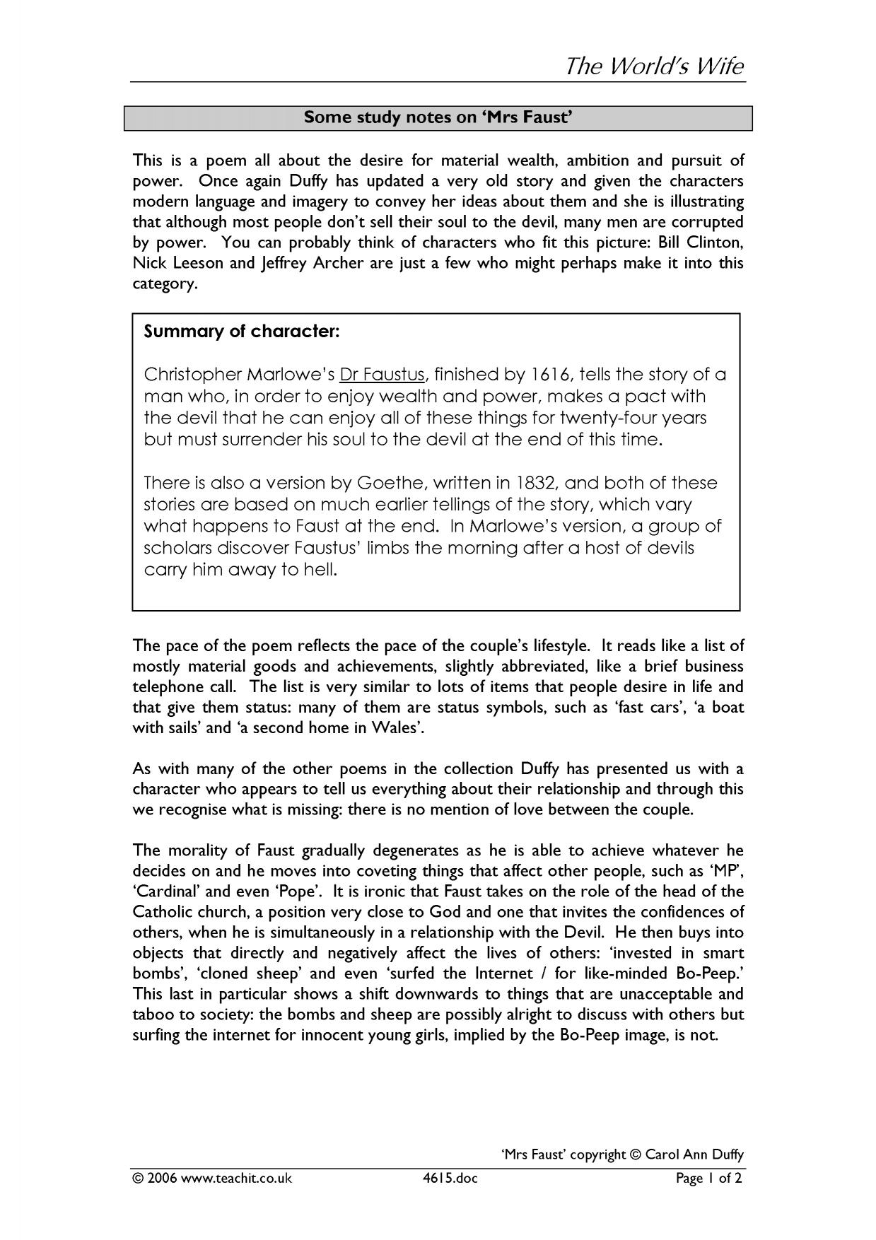 Study guide to 'Mrs Faust' Carol Ann Duffy 'The World's Wife A
