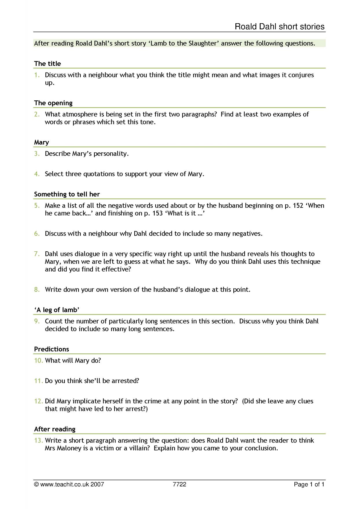 Reading activities on Roald Dahl's 'Lamb to the Slaughter' KS3