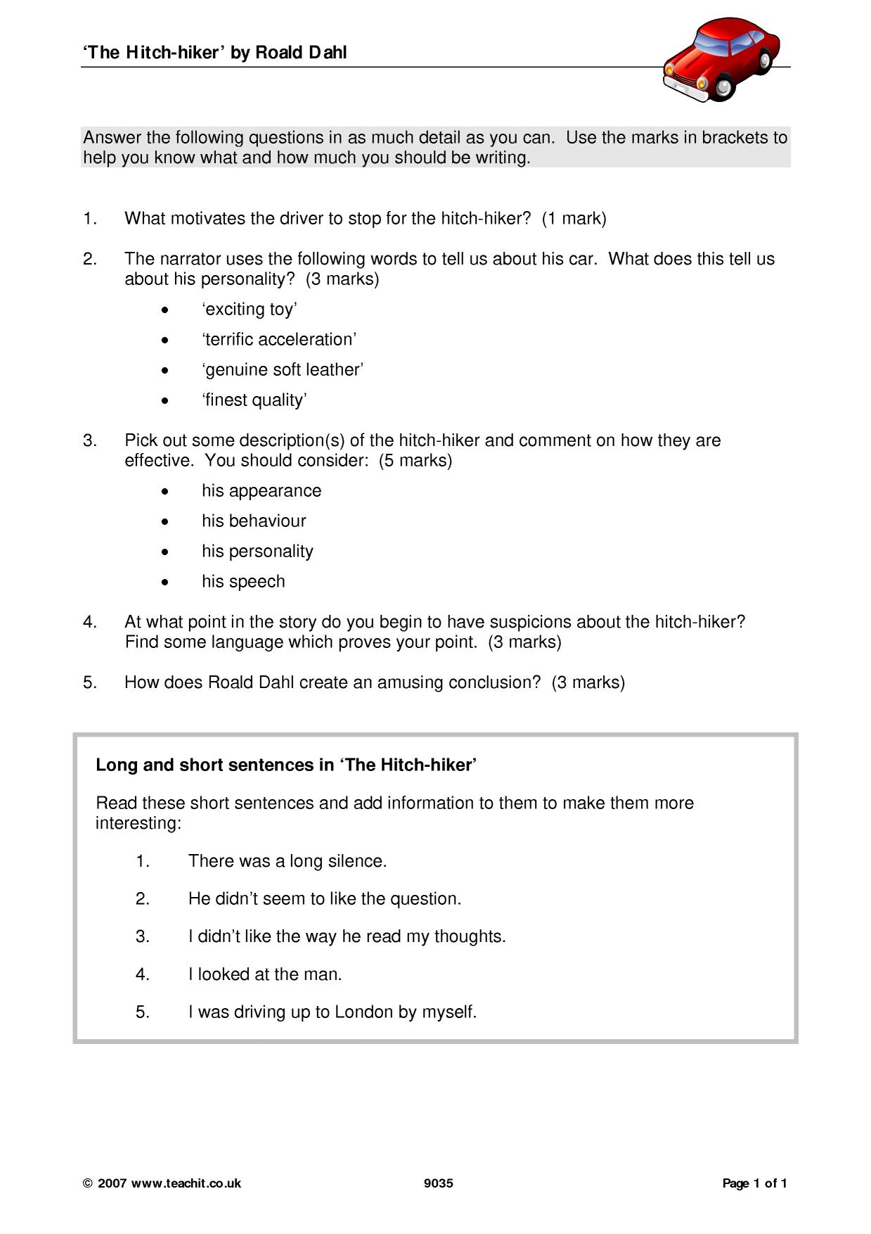 Questions on 'The Hitchhiker' by Roald Dahl KS3 English Teachit