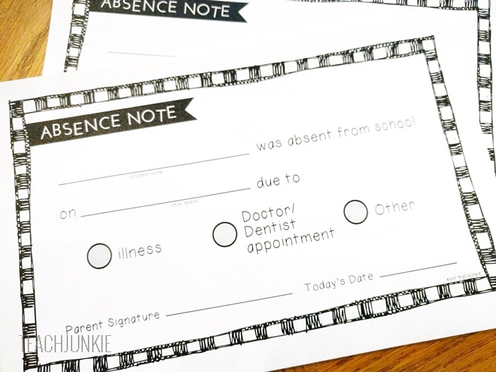 Free Printable Absence Notes for the Elementary Classroom Teach Junkie